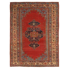 Antique Bakshaish Carpet, Oriental Persian Handmade in Ivory, Blue and Red