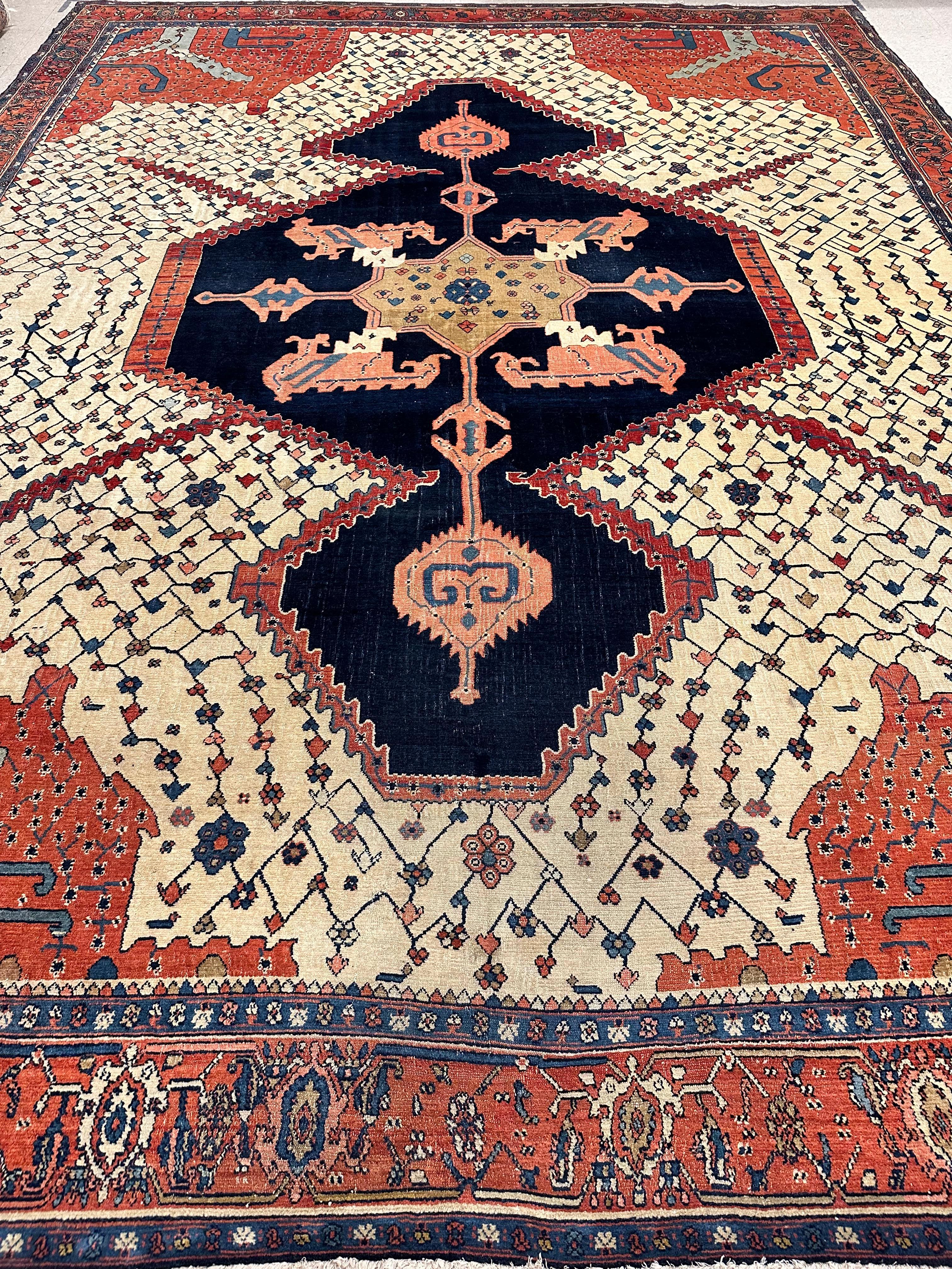 Antique Bakshaish Carpet, Oriental Persian Handmade in Ivory, Navy Rust and Gold 4