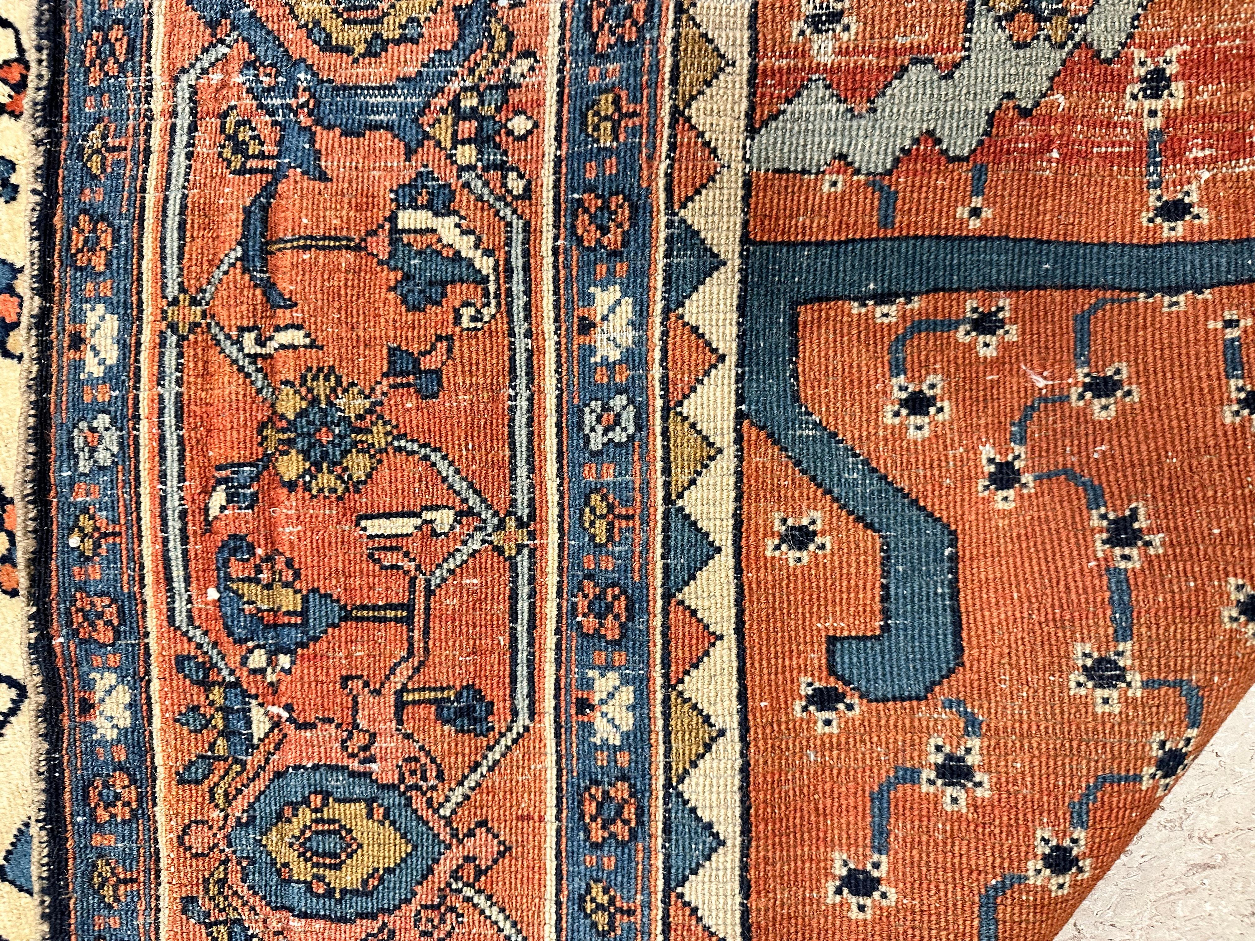 Antique Bakshaish Carpet, Oriental Persian Handmade in Ivory, Navy Rust and Gold 5