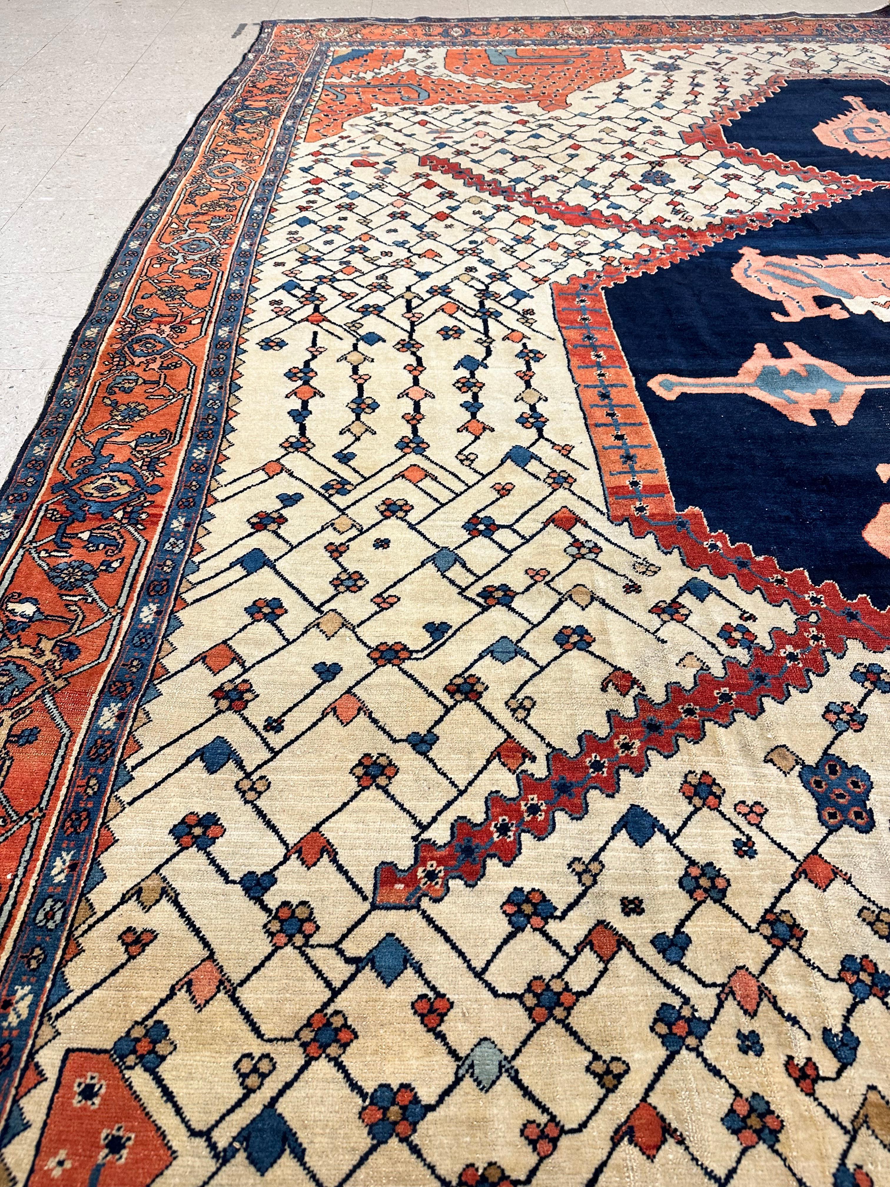Antique Bakshaish Carpet, Oriental Persian Handmade in Ivory, Navy Rust and Gold 6