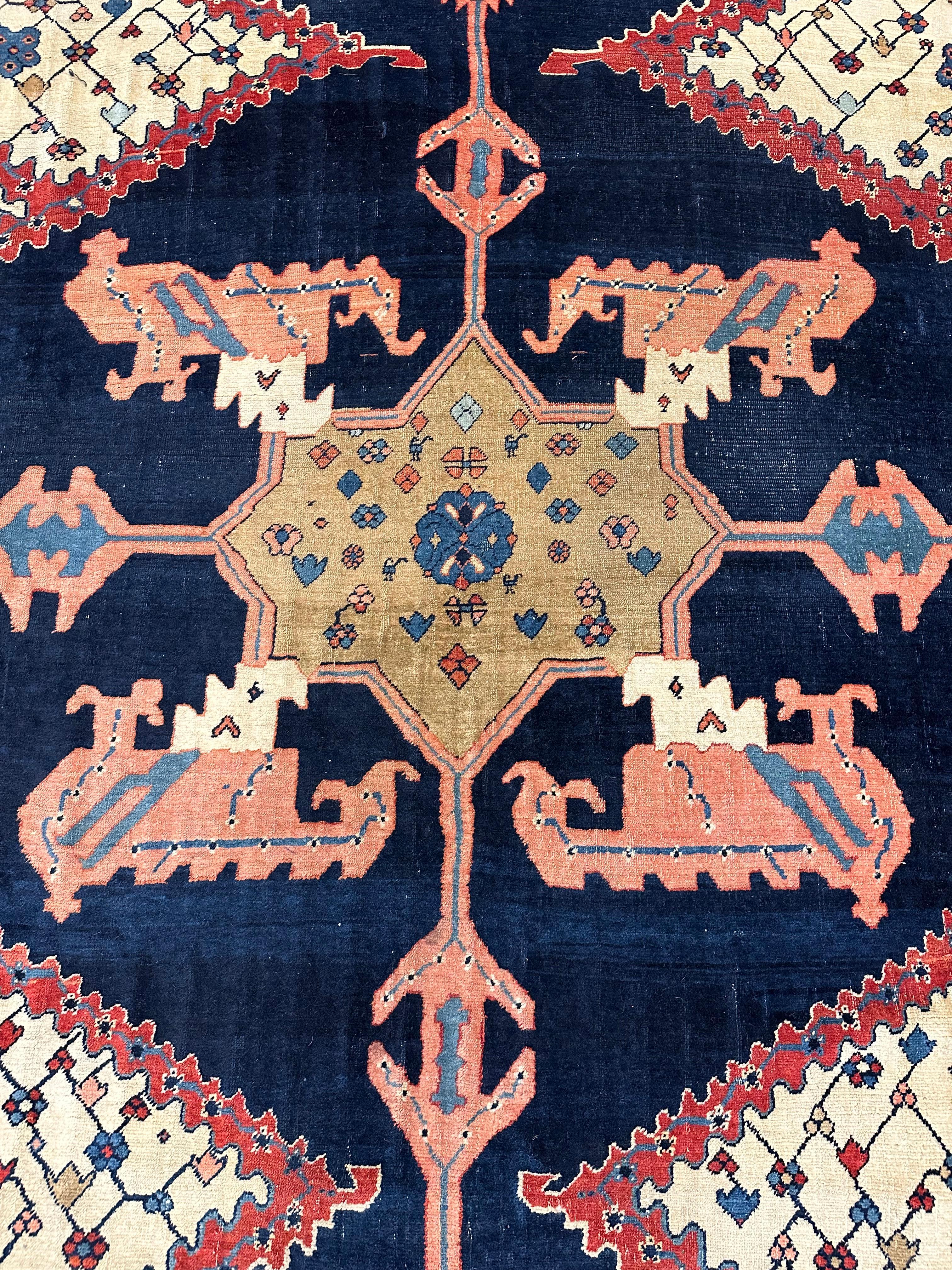 Antique Bakshaish Carpet, Oriental Persian Handmade in Ivory, Navy Rust and Gold 8