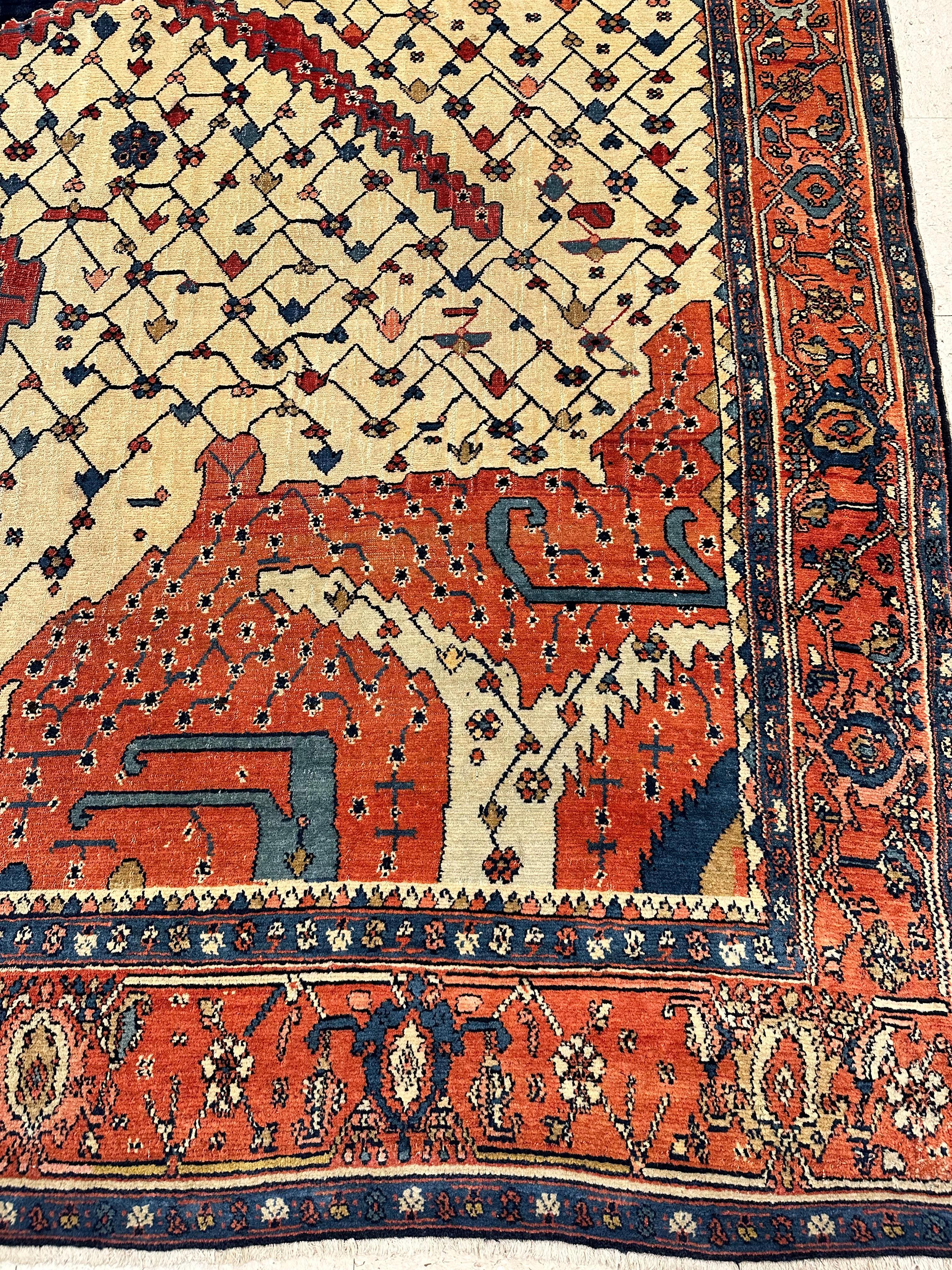 Antique Bakshaish Carpet, Oriental Persian Handmade in Ivory, Navy Rust and Gold 9
