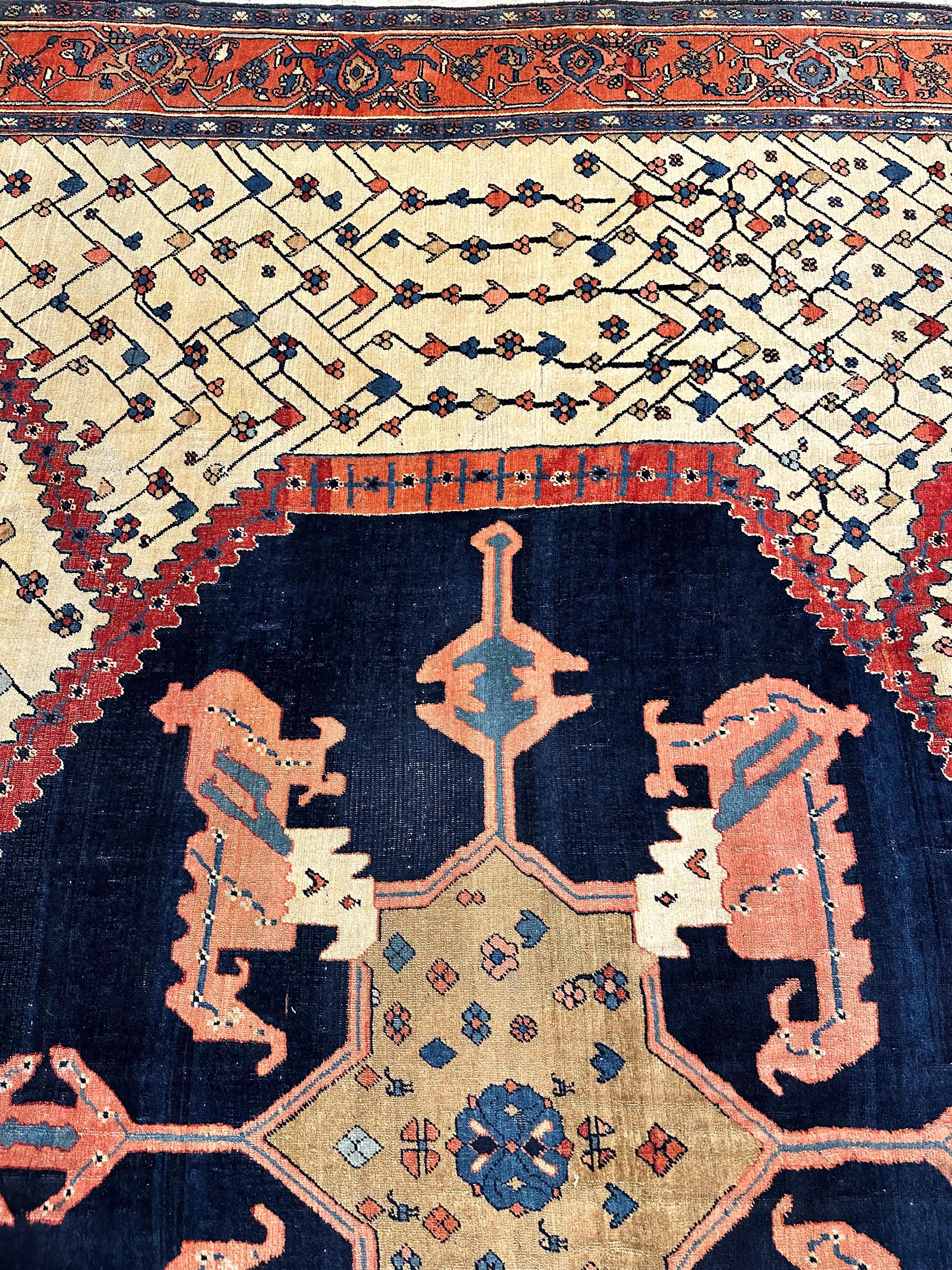 Antique Bakshaish Carpet, Oriental Persian Handmade in Ivory, Navy Rust and Gold 10