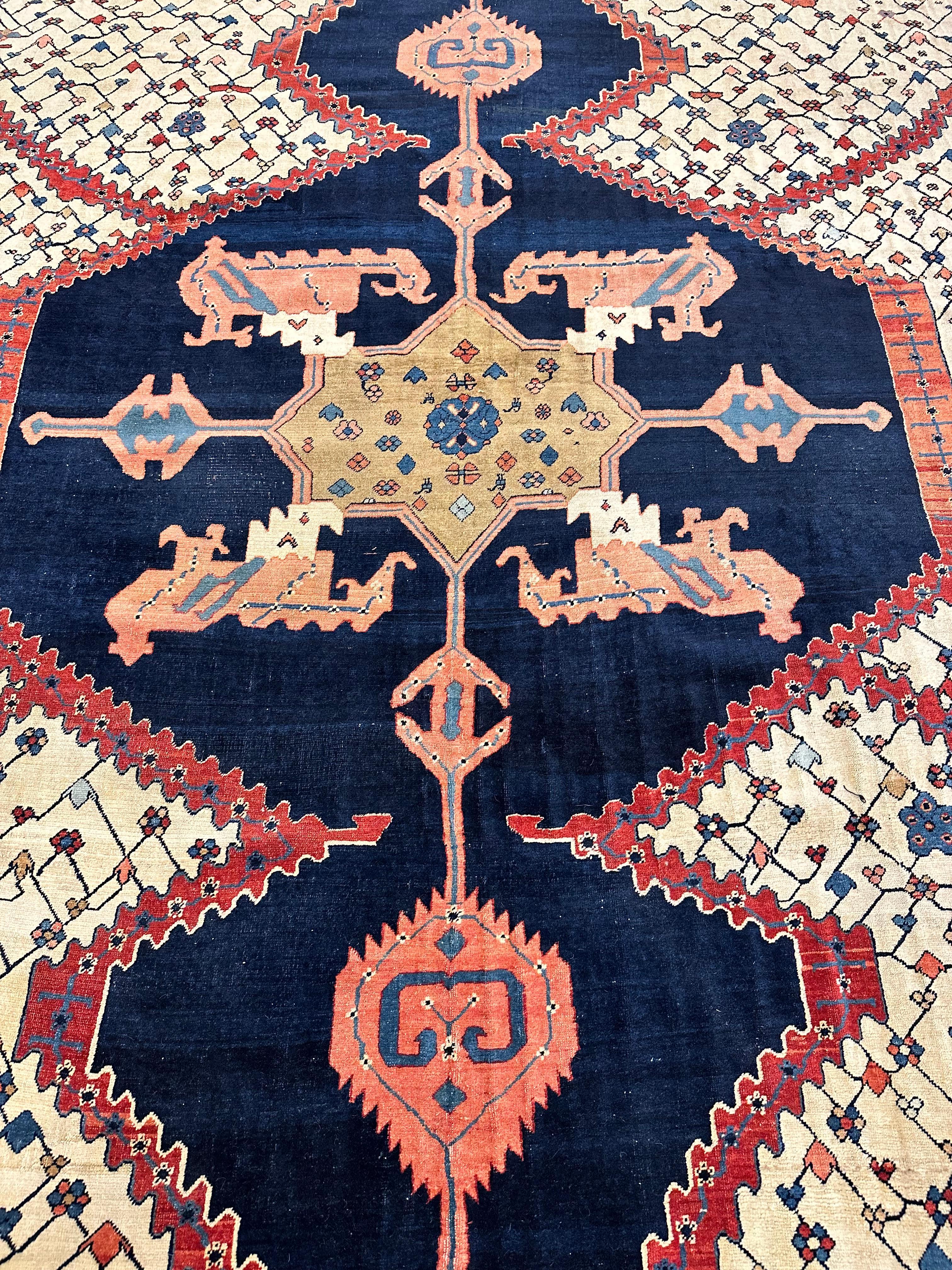 Antique Bakshaish Carpet, Oriental Persian Handmade in Ivory, Navy Rust and Gold 11