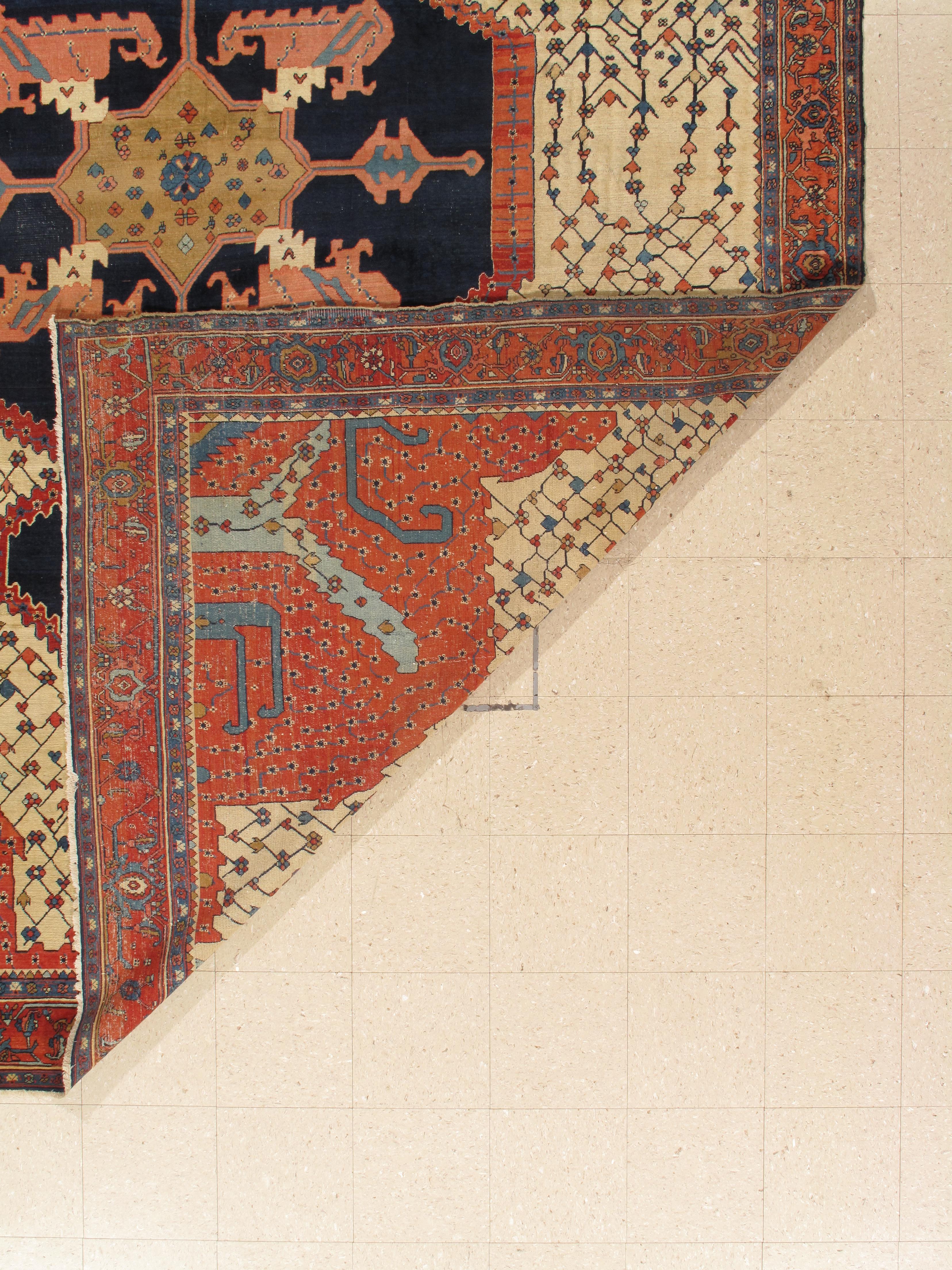 Antique Bakshaish Carpet, Oriental Persian Handmade in Ivory, Navy Rust and Gold 12