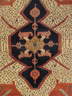 Antique Bakshaish Carpet, Oriental Persian Handmade in Ivory, Navy Rust and Gold