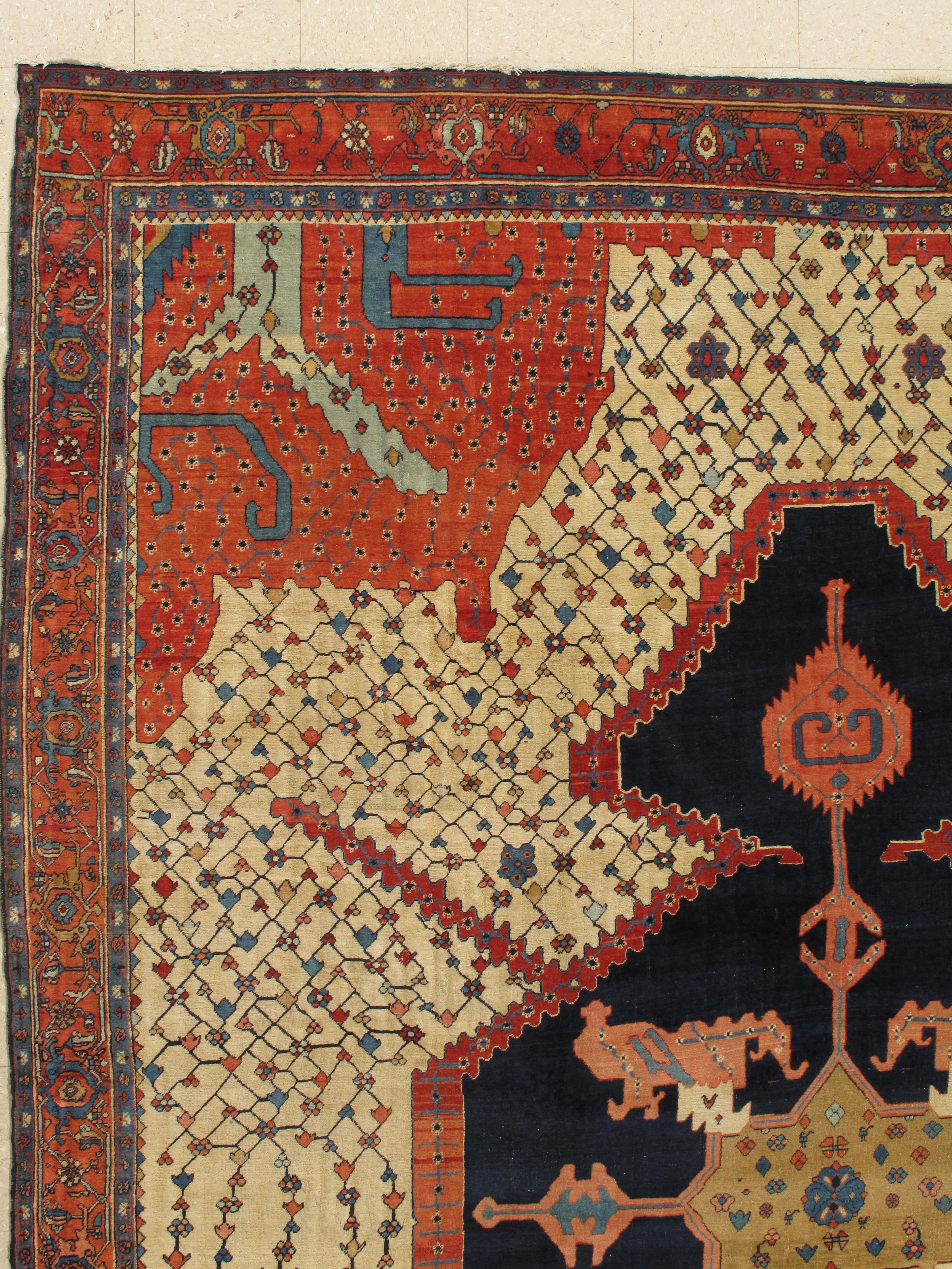Hand-Knotted Antique Bakshaish Carpet, Oriental Persian Handmade in Ivory, Navy Rust and Gold