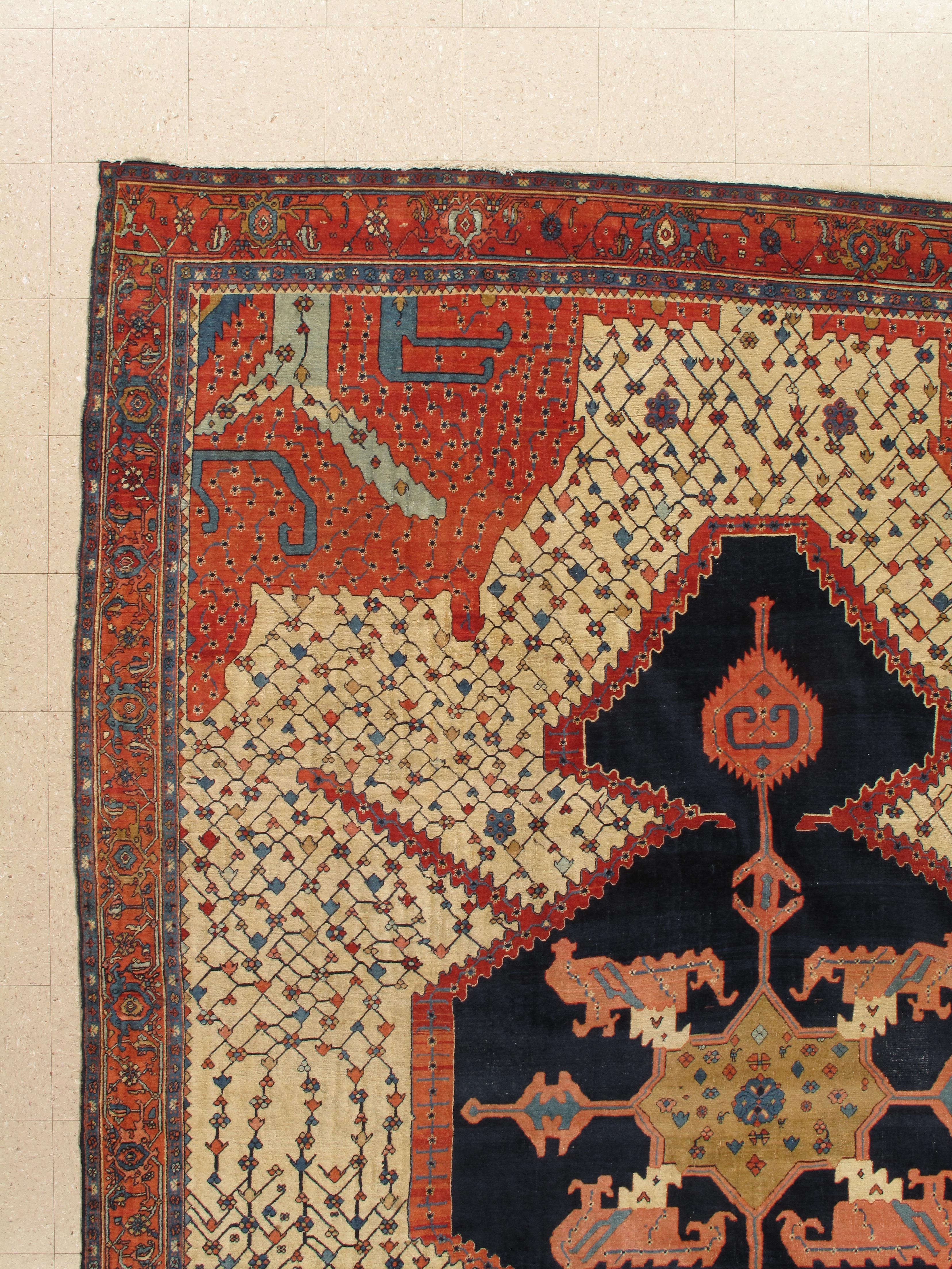 19th Century Antique Bakshaish Carpet, Oriental Persian Handmade in Ivory, Navy Rust and Gold