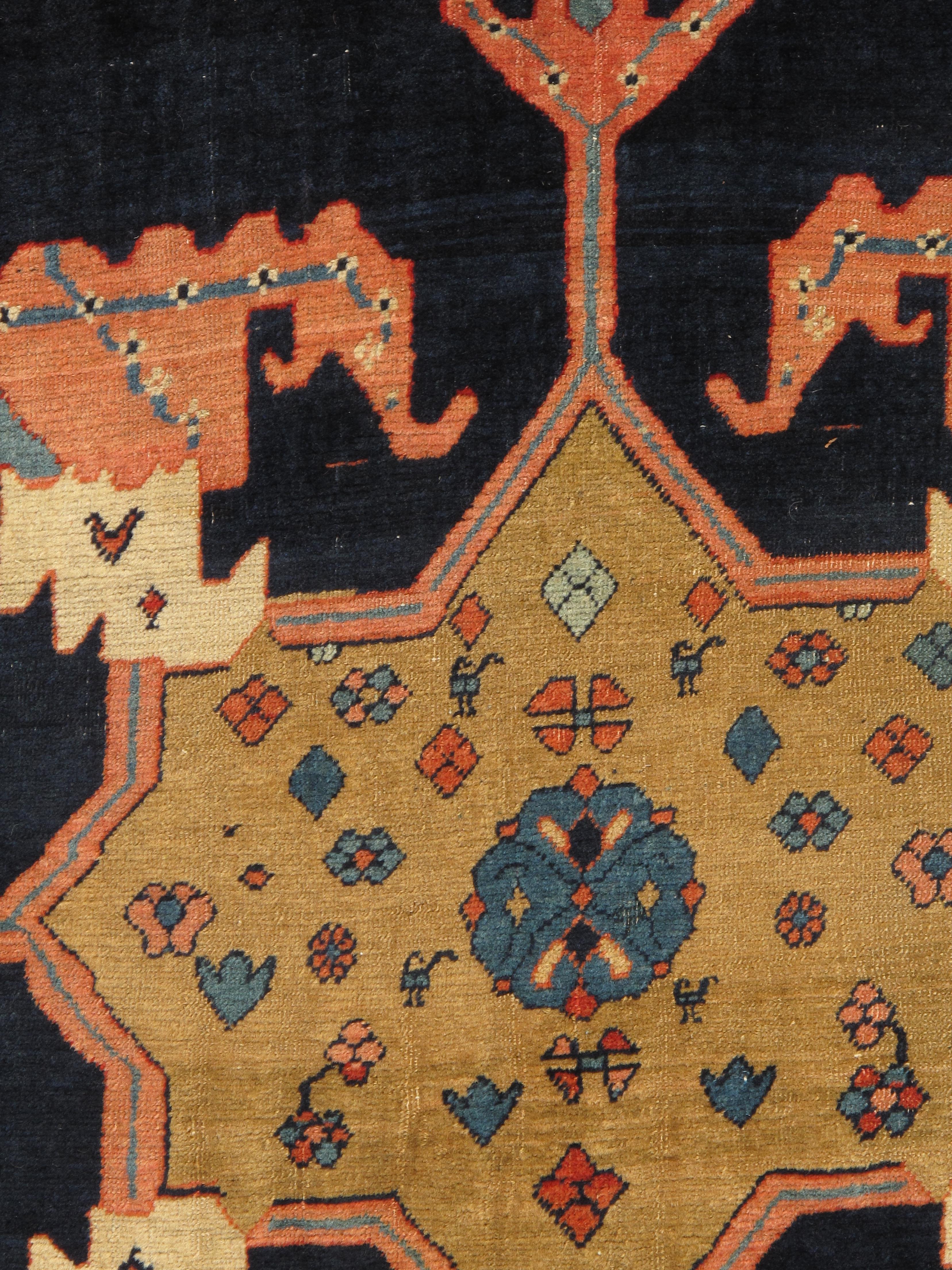 Wool Antique Bakshaish Carpet, Oriental Persian Handmade in Ivory, Navy Rust and Gold