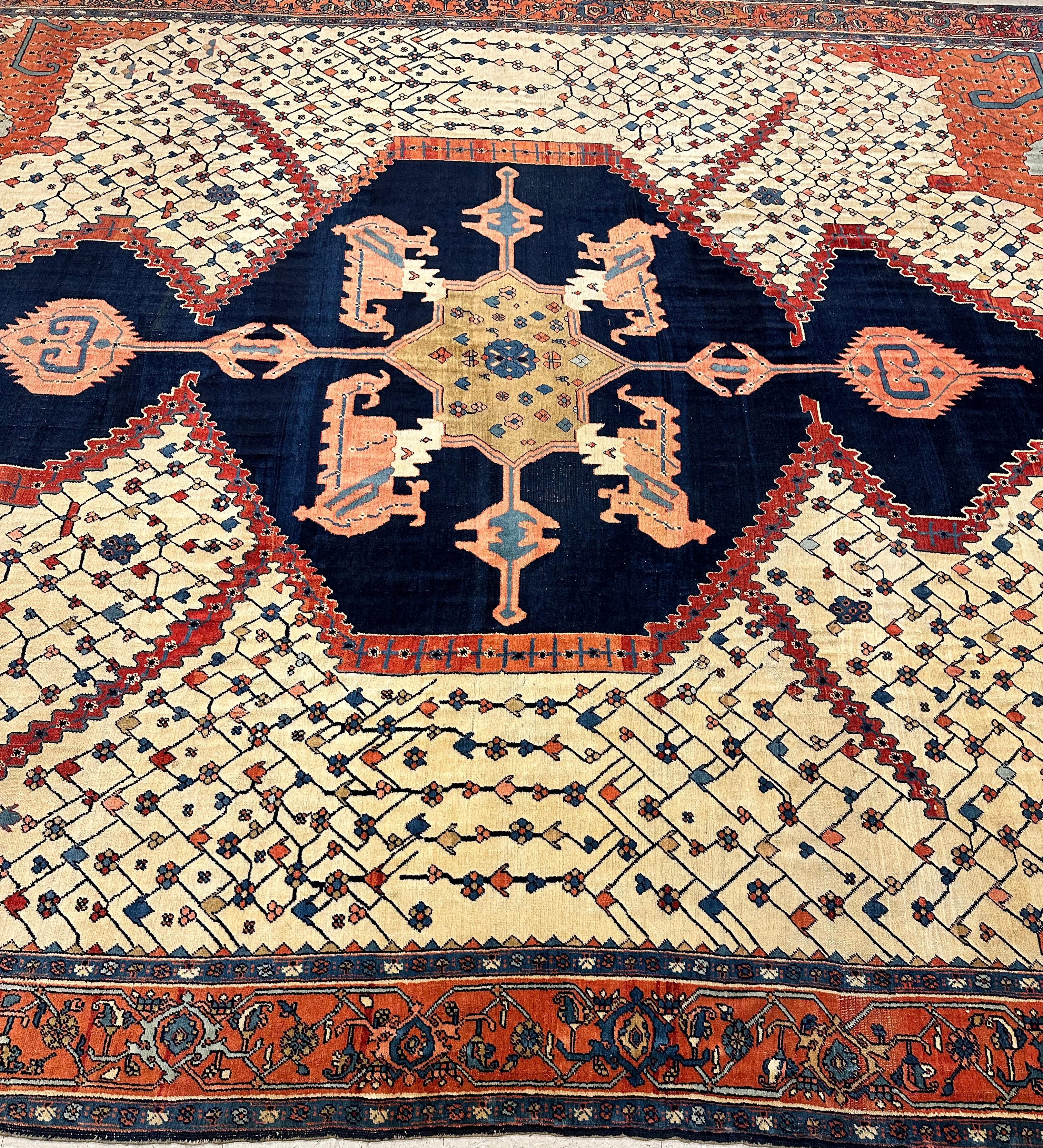 Antique Bakshaish Carpet, Oriental Persian Handmade in Ivory, Navy Rust and Gold 1