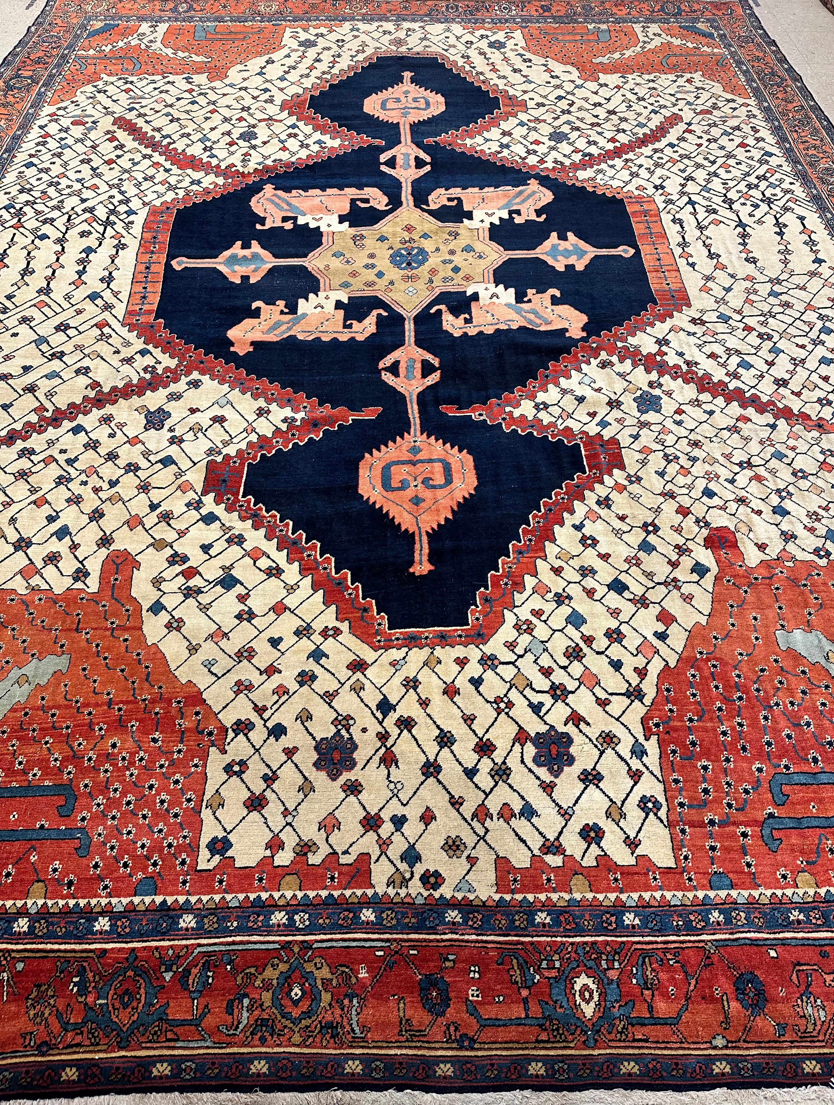 Antique Bakshaish Carpet, Oriental Persian Handmade in Ivory, Navy Rust and Gold 2