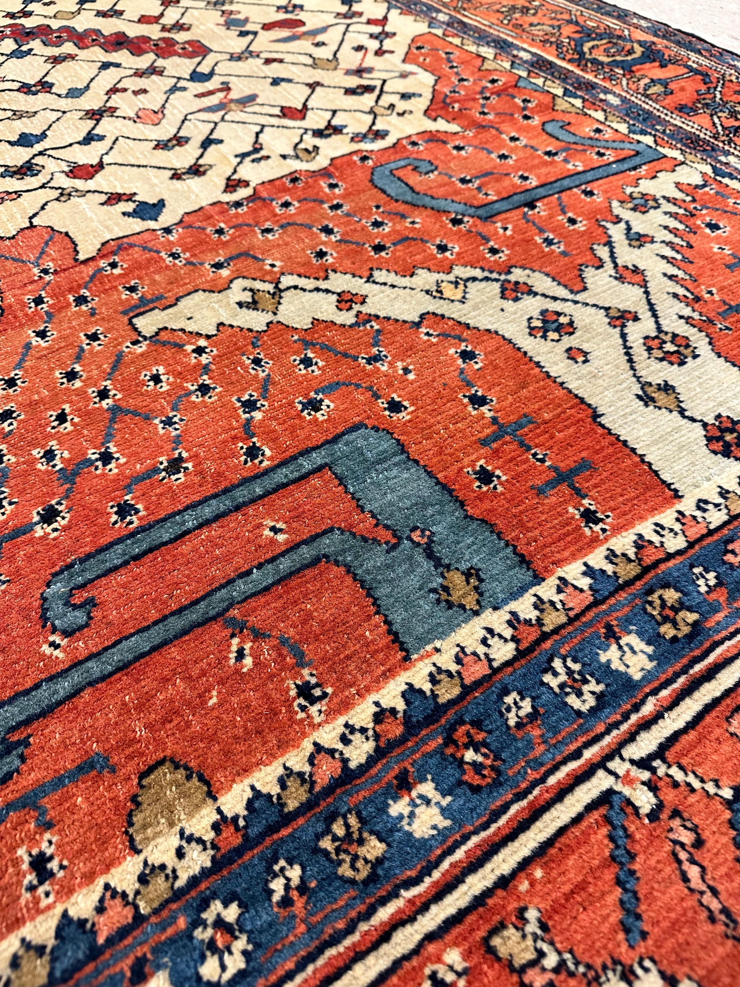 Antique Bakshaish Carpet, Oriental Persian Handmade in Ivory, Navy Rust and Gold 3
