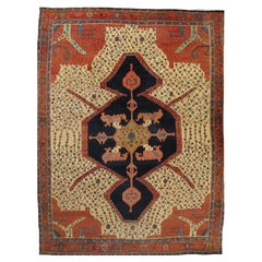 Antique Bakshaish Carpet, Oriental Persian Handmade in Ivory, Navy Rust and Gold