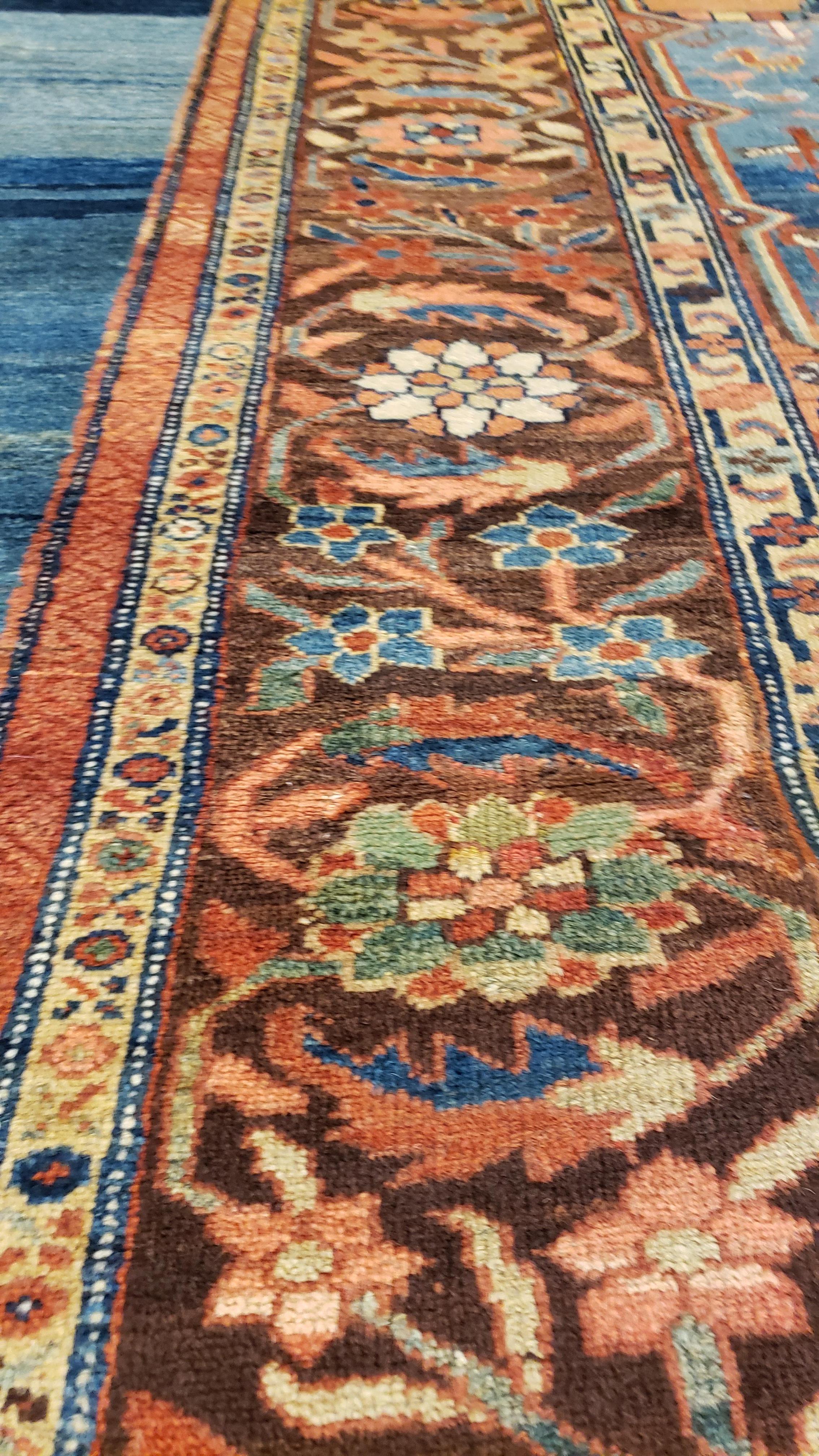 Antique Bakshaish Carpet, Oriental Persian Handmade in Light Blue, Rust and Gold For Sale 4