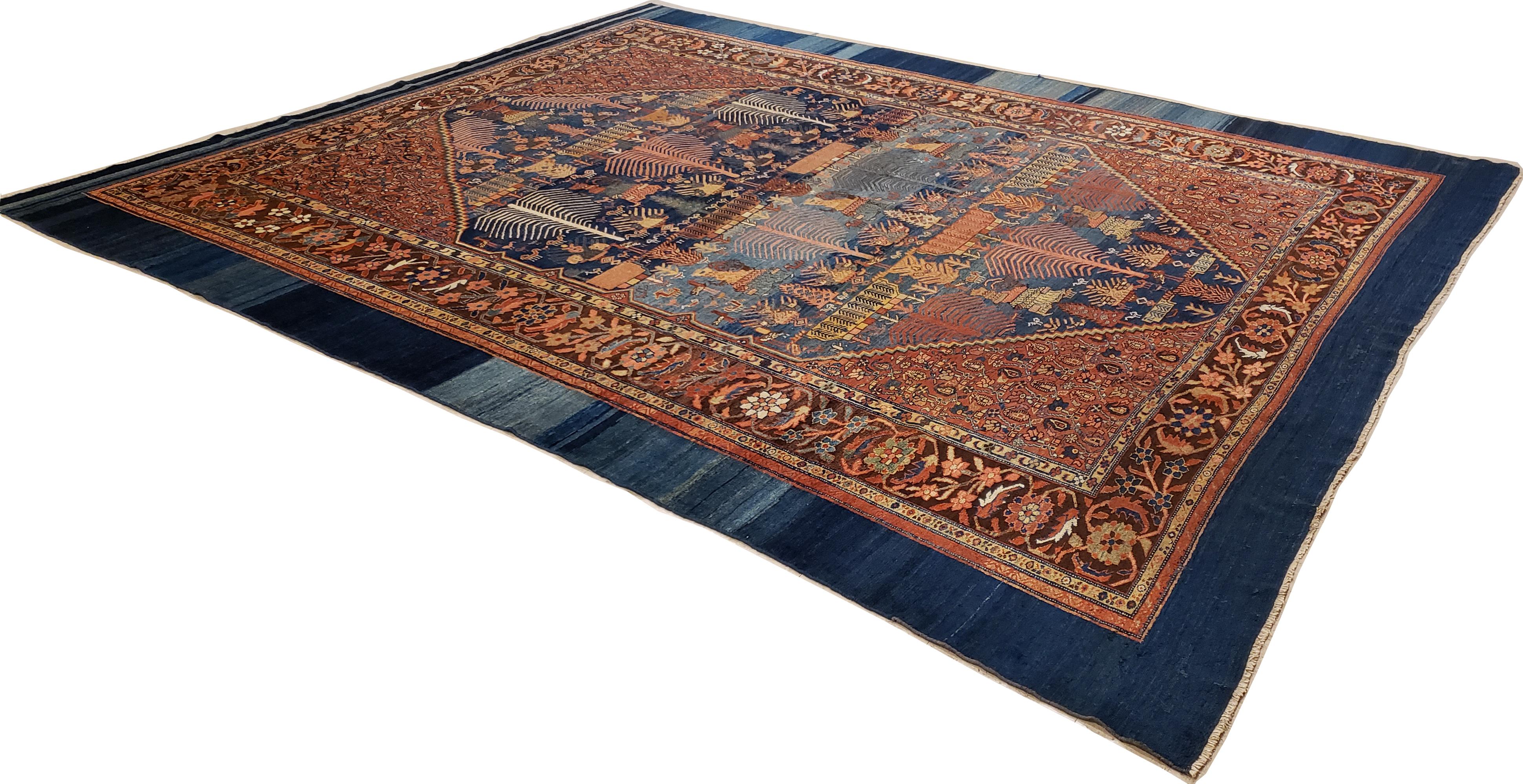 Antique Bakshaish Carpet, Oriental Persian Handmade in Light Blue, Rust and Gold For Sale 5