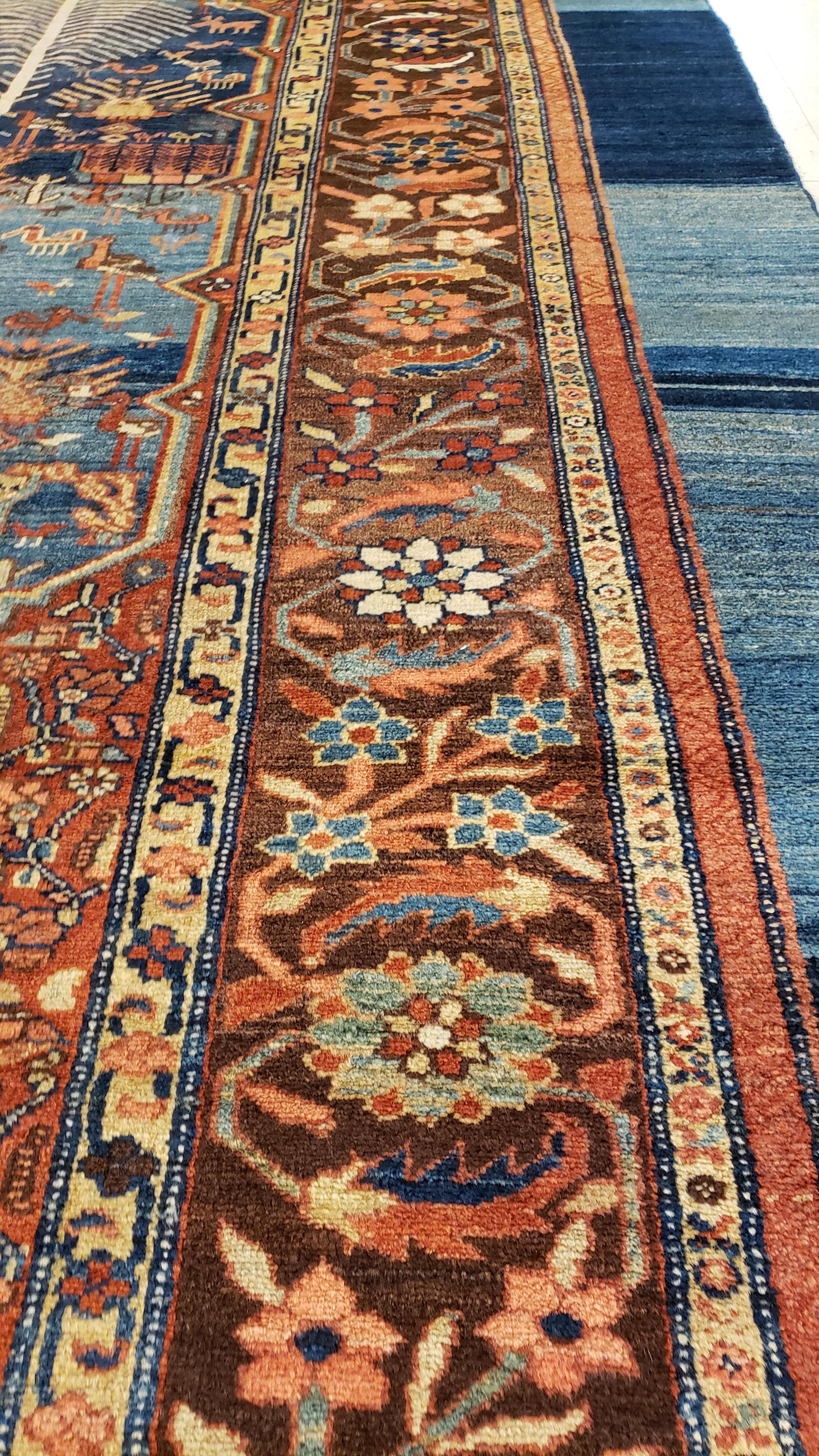 19th Century Antique Bakshaish Carpet, Oriental Persian Handmade in Light Blue, Rust and Gold For Sale