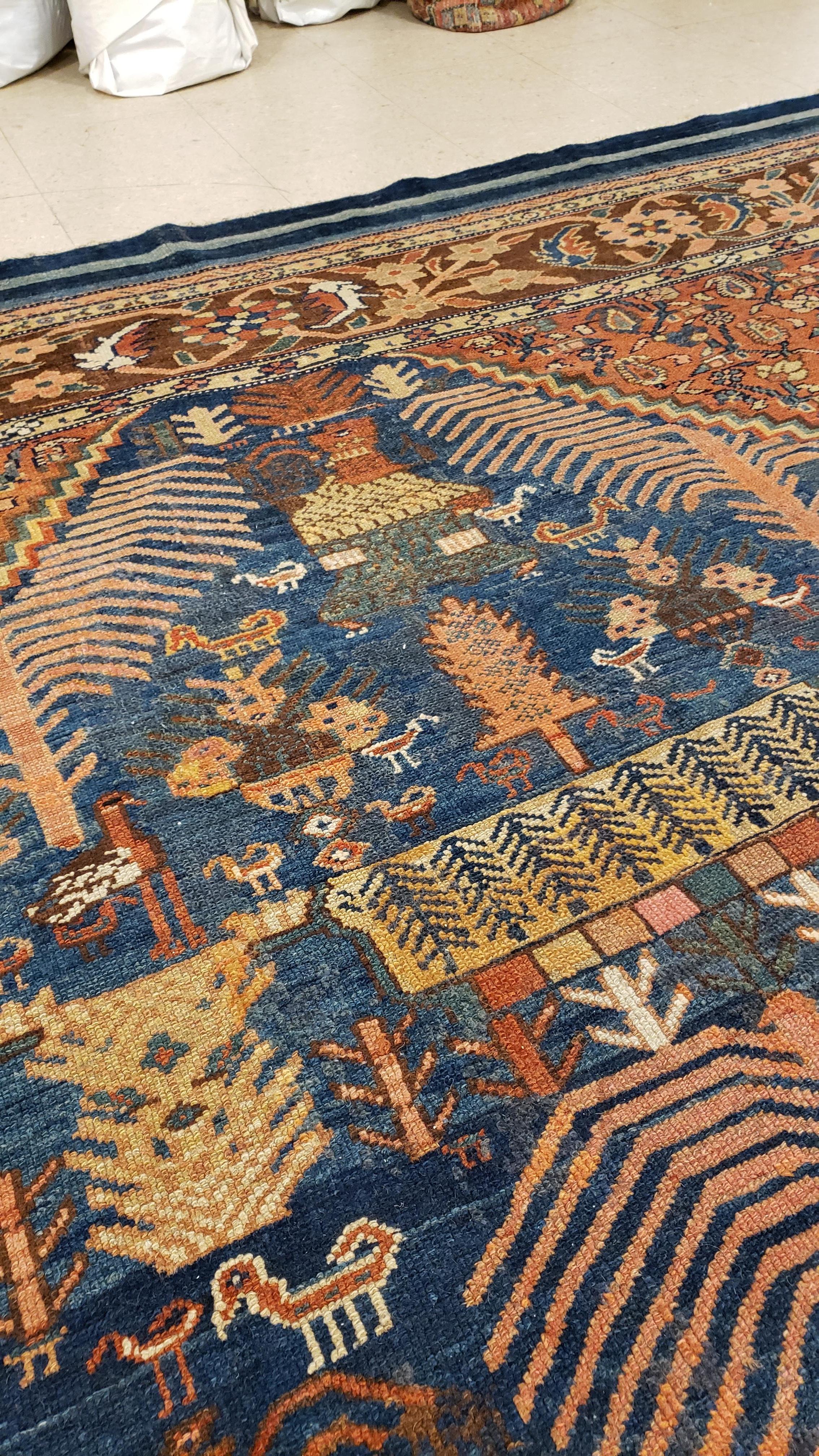 Wool Antique Bakshaish Carpet, Oriental Persian Handmade in Light Blue, Rust and Gold For Sale