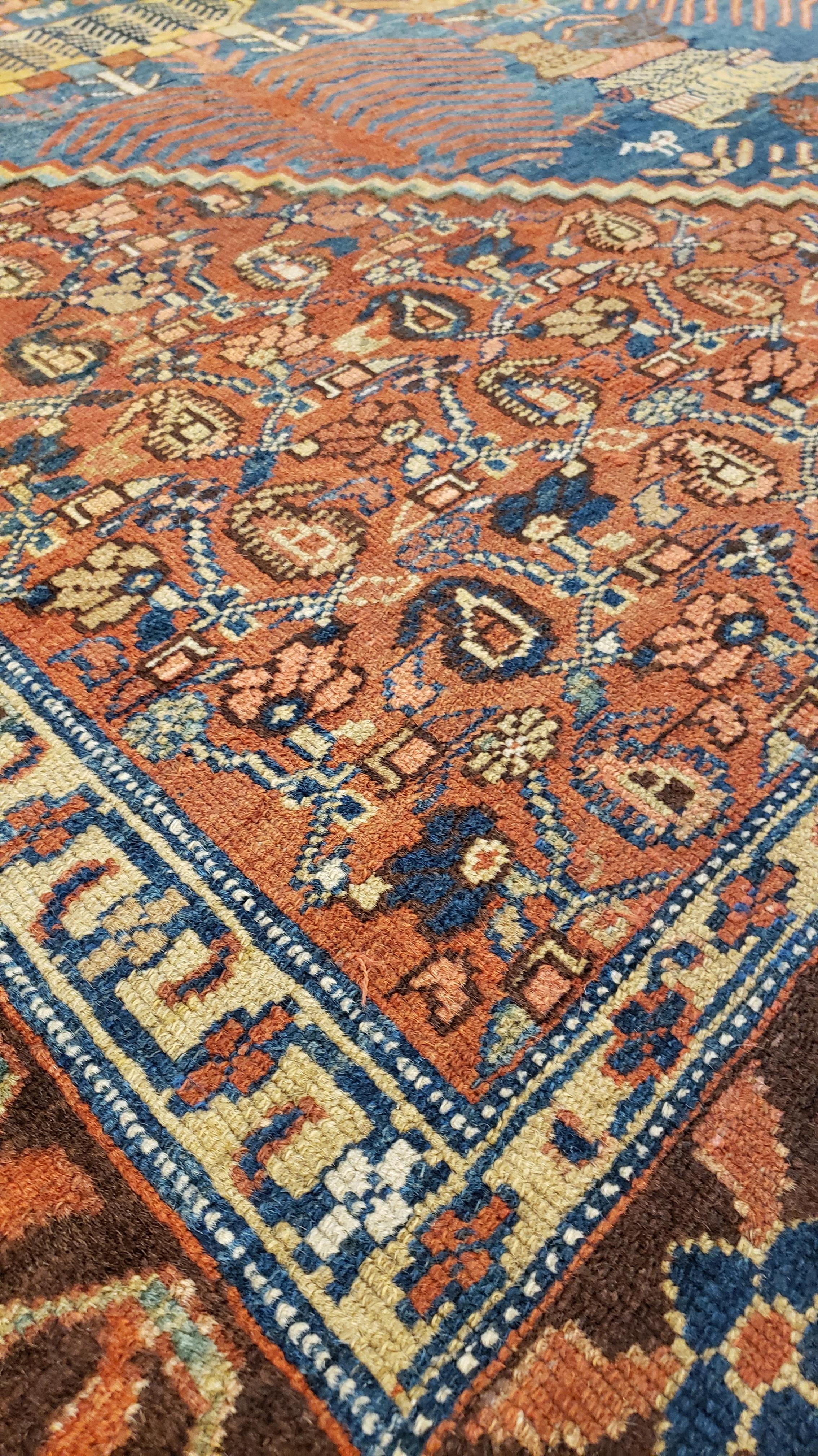 Antique Bakshaish Carpet, Oriental Persian Handmade in Light Blue, Rust and Gold For Sale 3