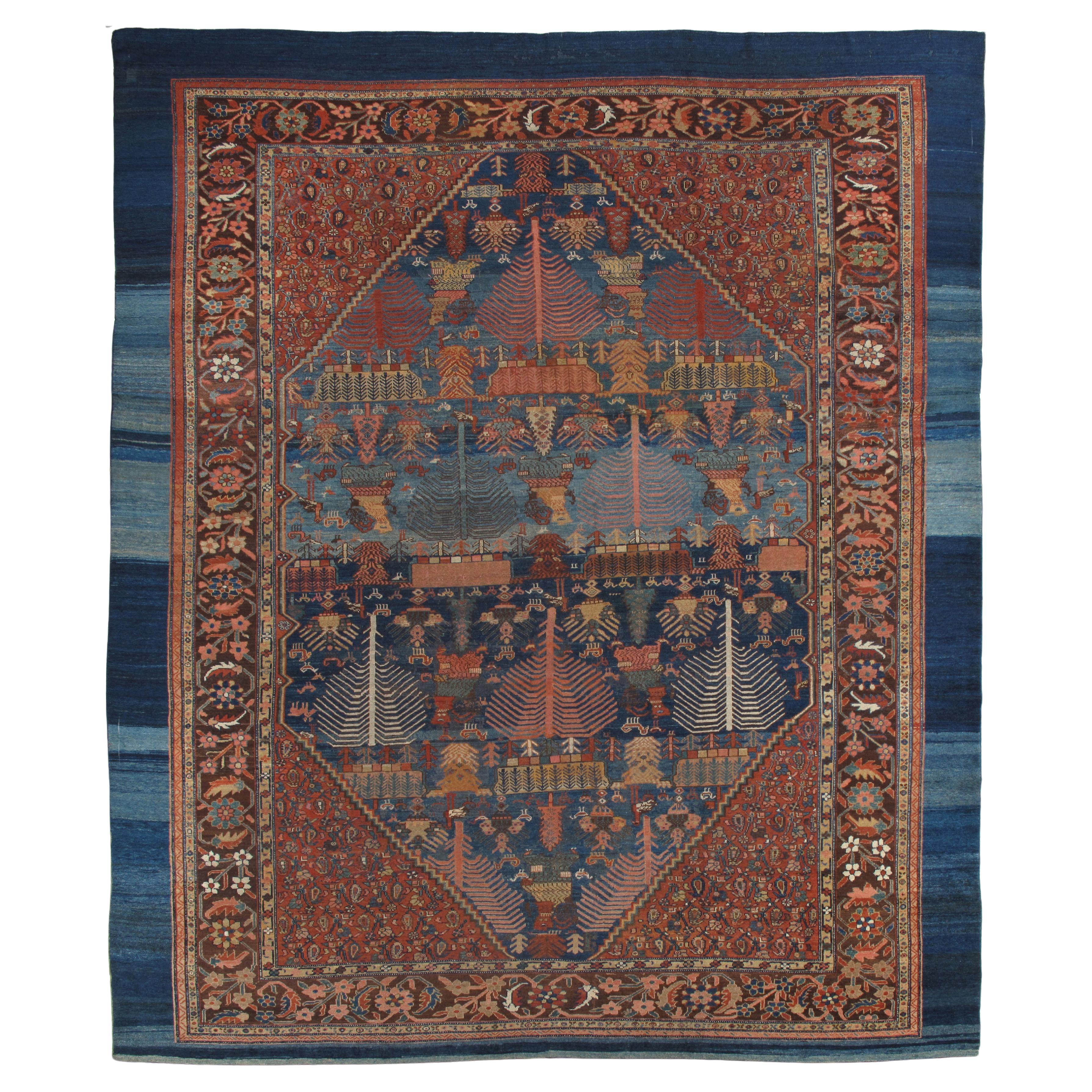 Antique Bakshaish Carpet, Oriental Persian Handmade in Light Blue, Rust and Gold For Sale