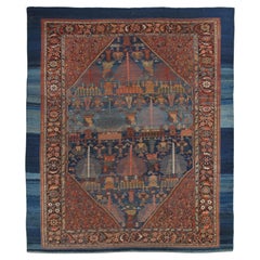 Antique Bakshaish Carpet, Oriental Persian Handmade in Light Blue, Rust and Gold