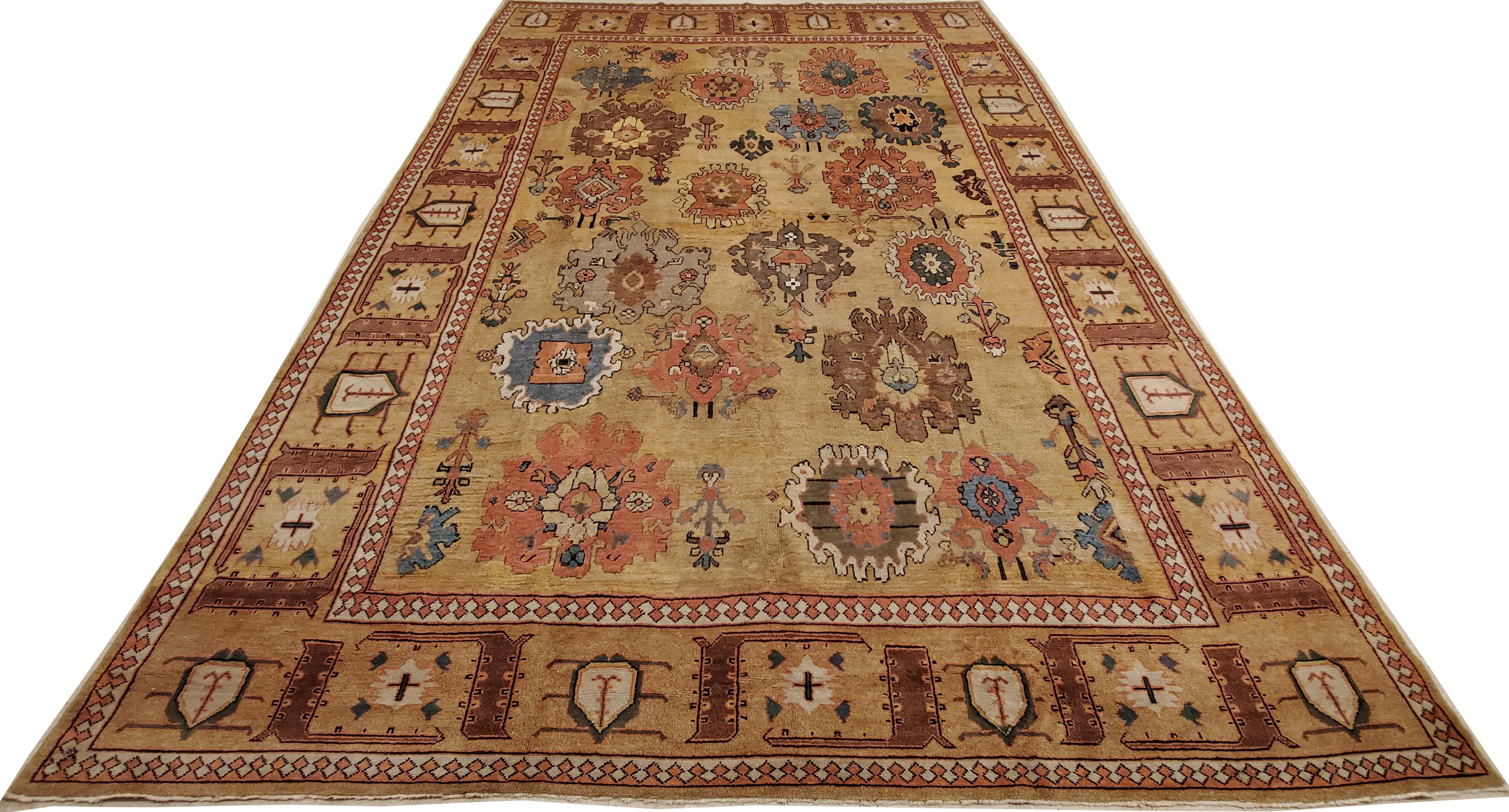 Hand-Knotted Antique Bakshaish Carpet, Oriental Persian Handmade in Tan Brown, Blue and Red For Sale