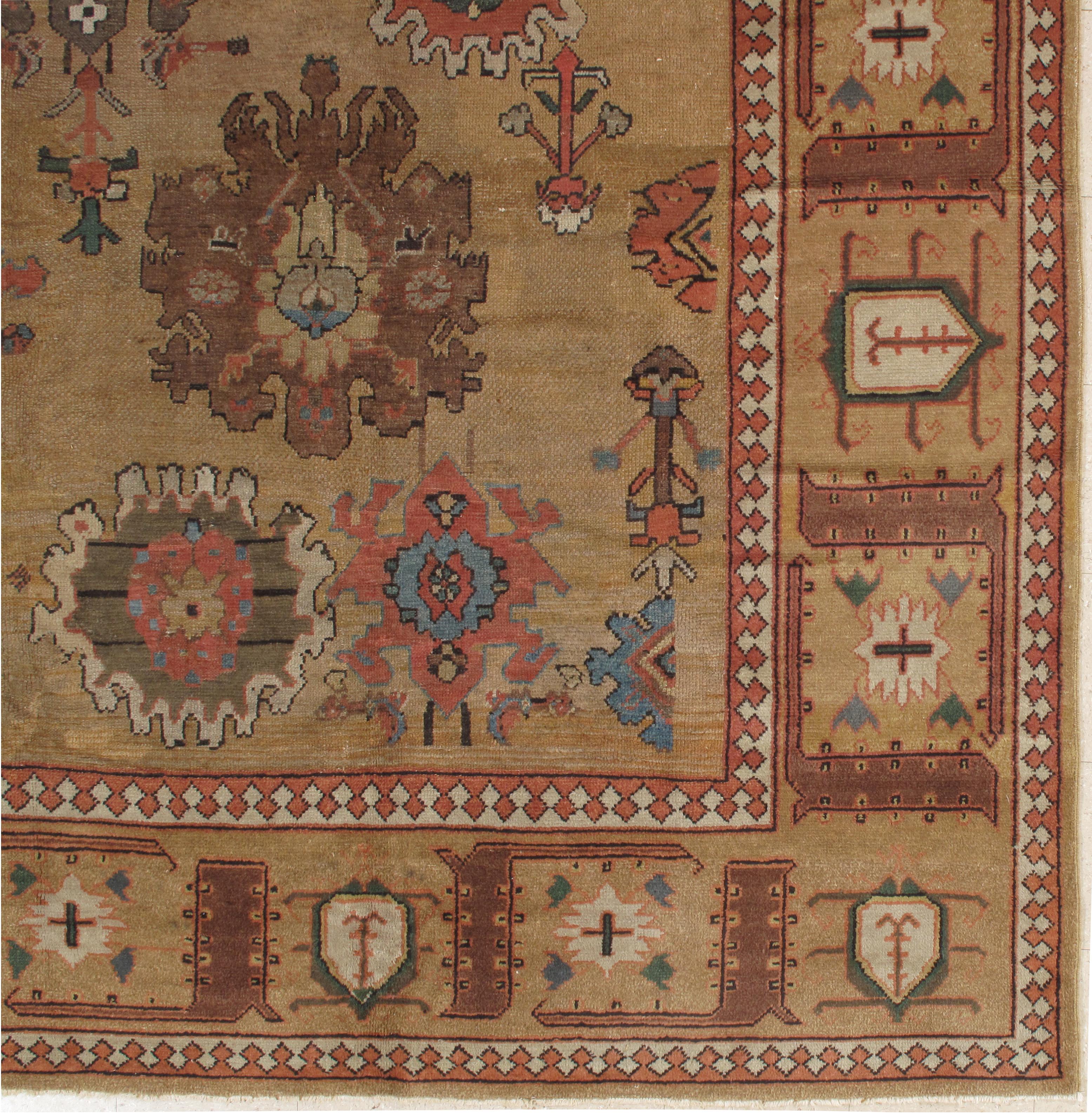 19th Century Antique Bakshaish Carpet, Oriental Persian Handmade in Tan Brown, Blue and Red For Sale