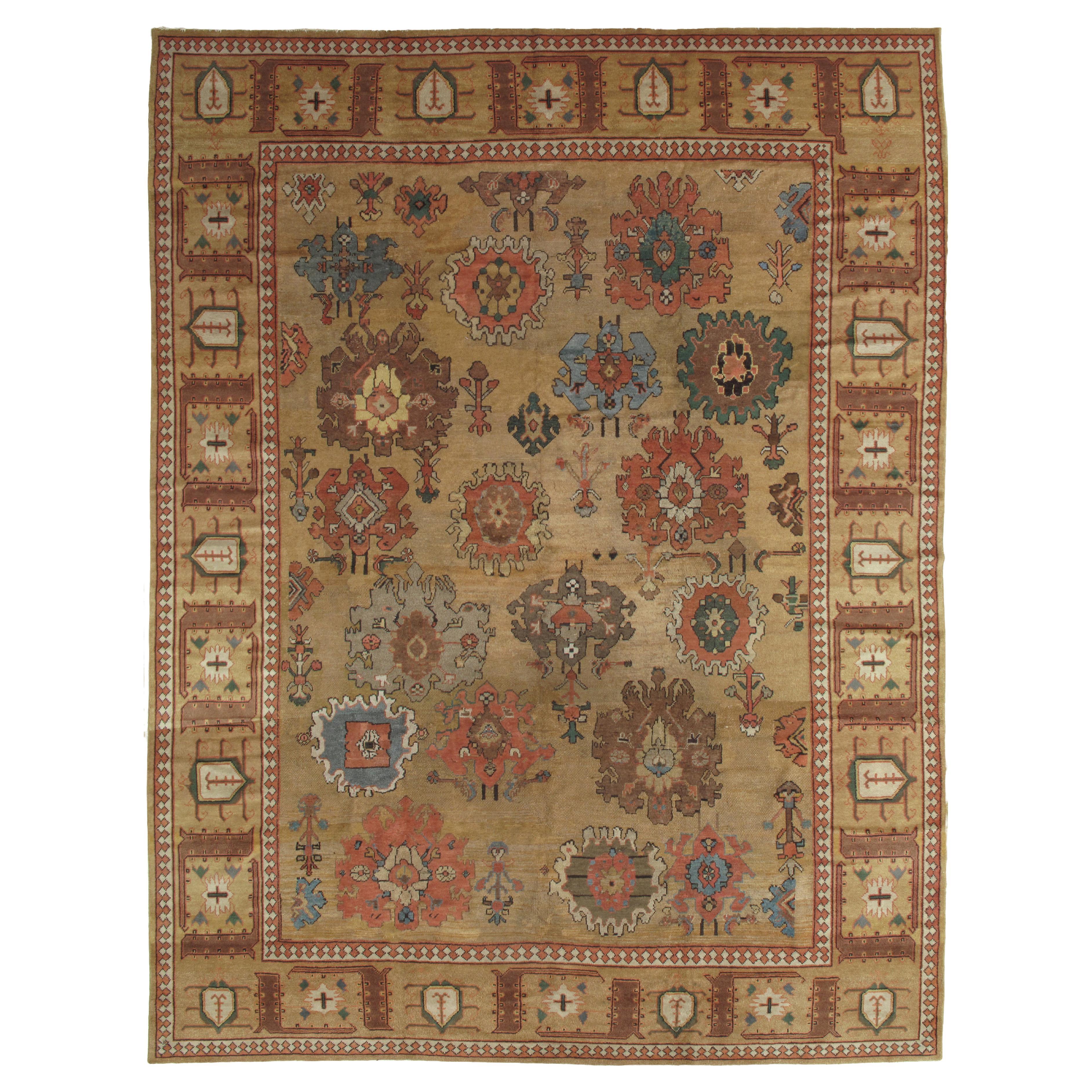 Antique Bakshaish Carpet, Oriental Persian Handmade in Tan Brown, Blue and Red