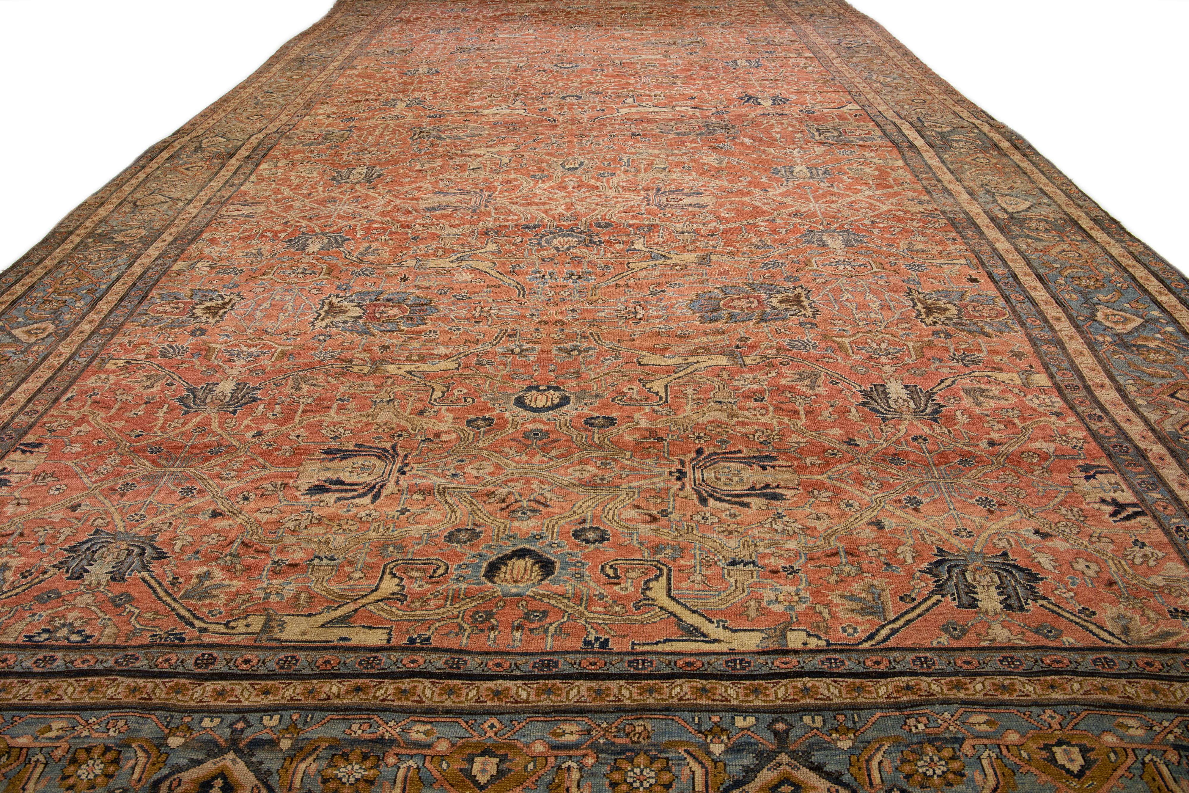 Hand-Knotted Antique Bakshaish Persian Handmade Rust Oversize Wool Rug with Allover Motif For Sale