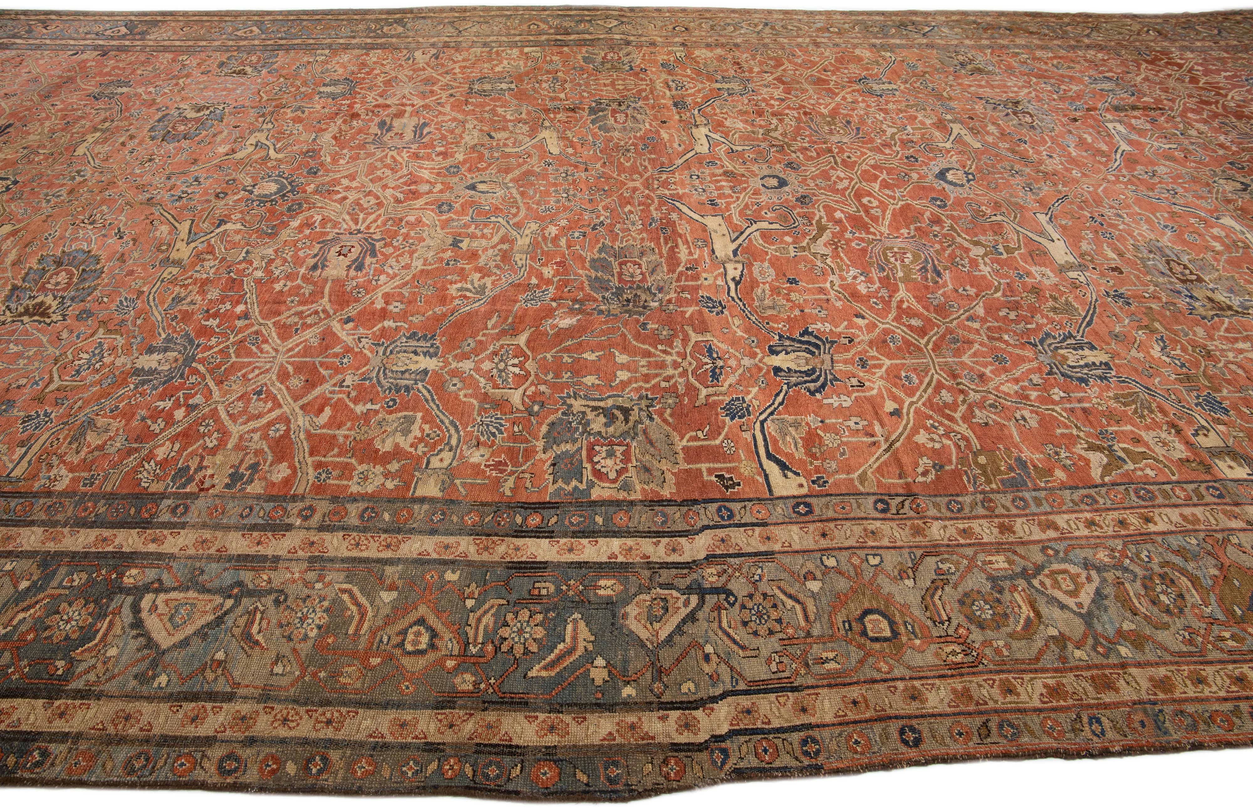20th Century Antique Bakshaish Persian Handmade Rust Oversize Wool Rug with Allover Motif For Sale