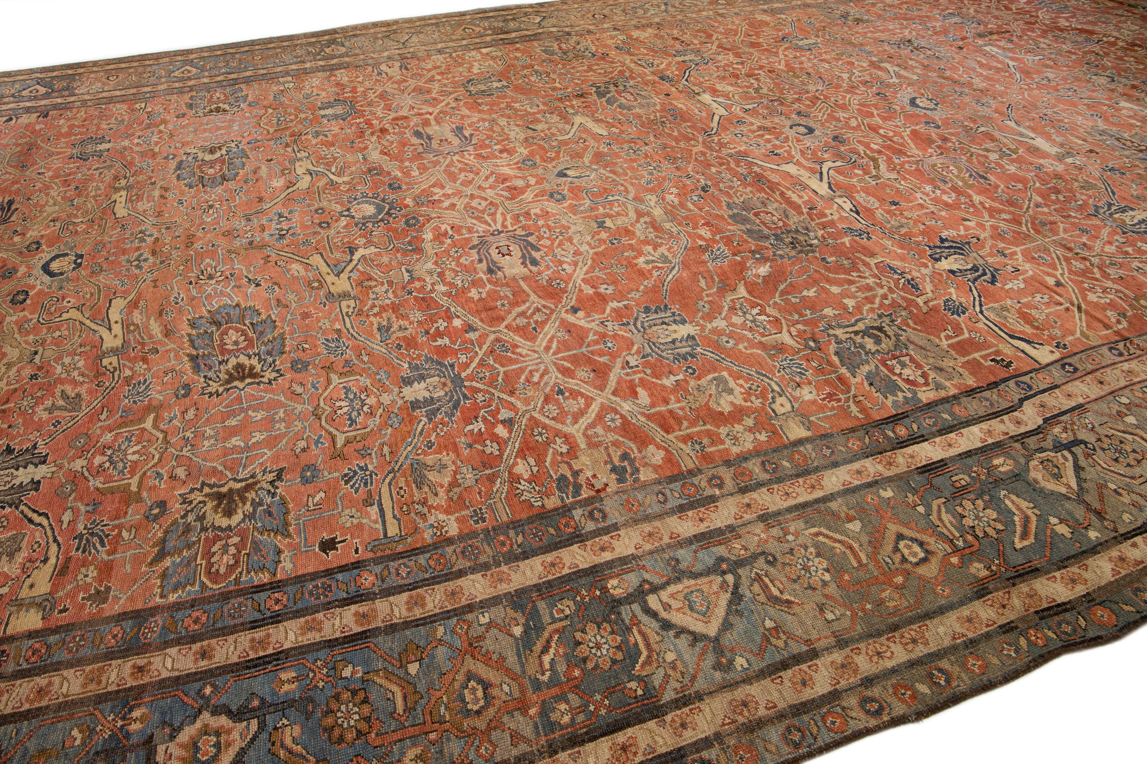 Antique Bakshaish Persian Handmade Rust Oversize Wool Rug with Allover Motif For Sale 1