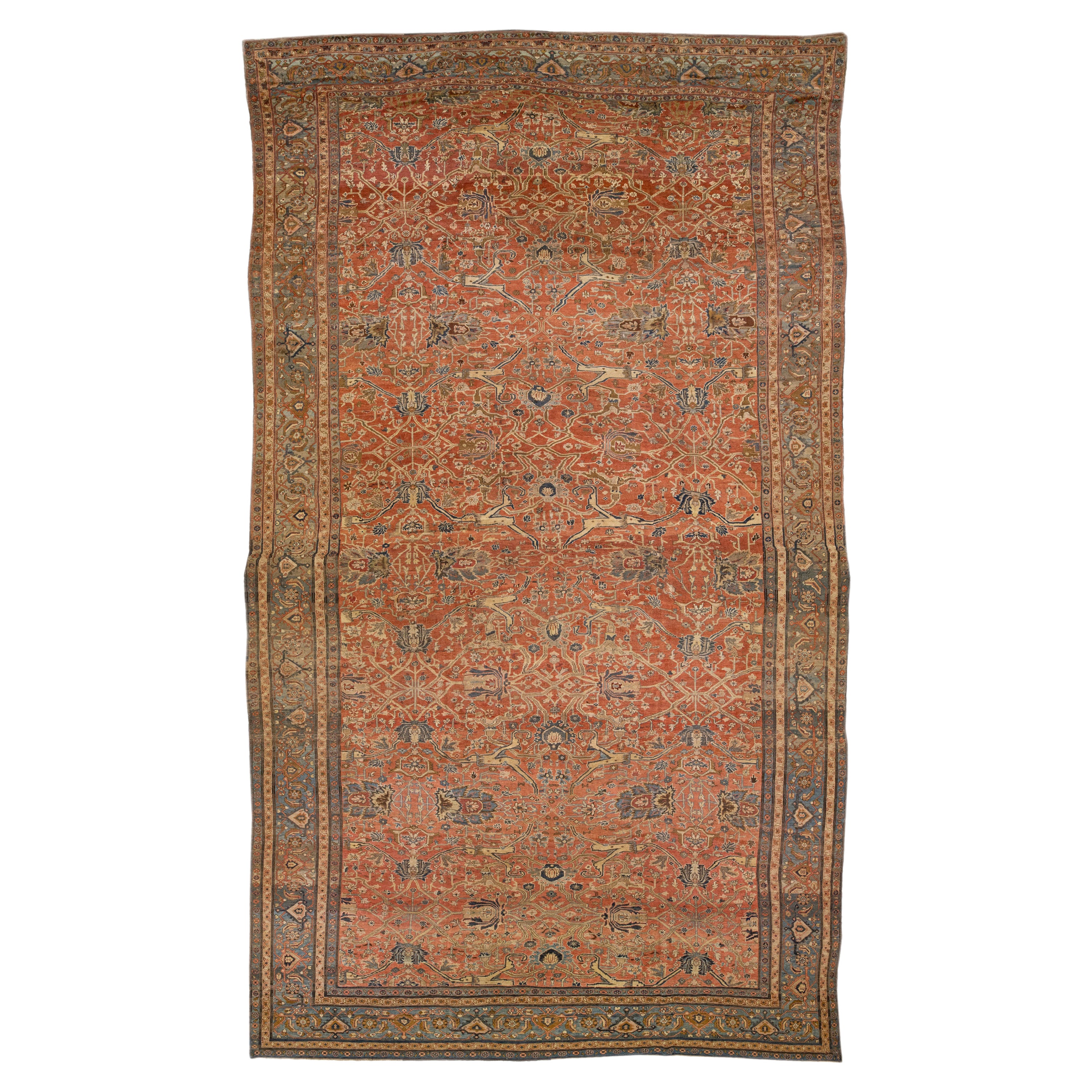 Antique Bakshaish Persian Handmade Rust Oversize Wool Rug with Allover Motif For Sale