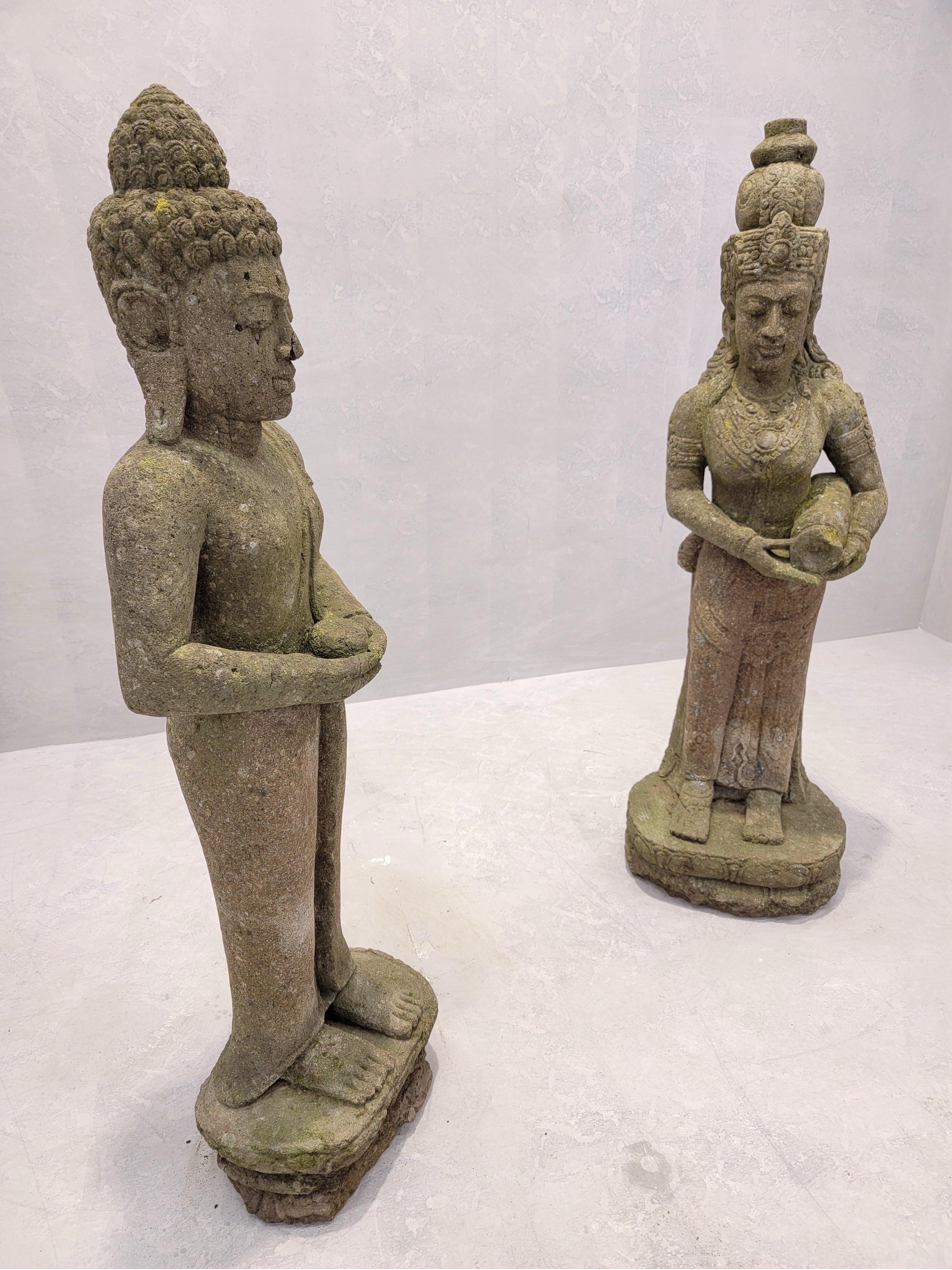 Hand-Carved Antique Balinese Buddha & Dewi Tara Goddess Indoor/Outdoor Garden Statues- Pair For Sale