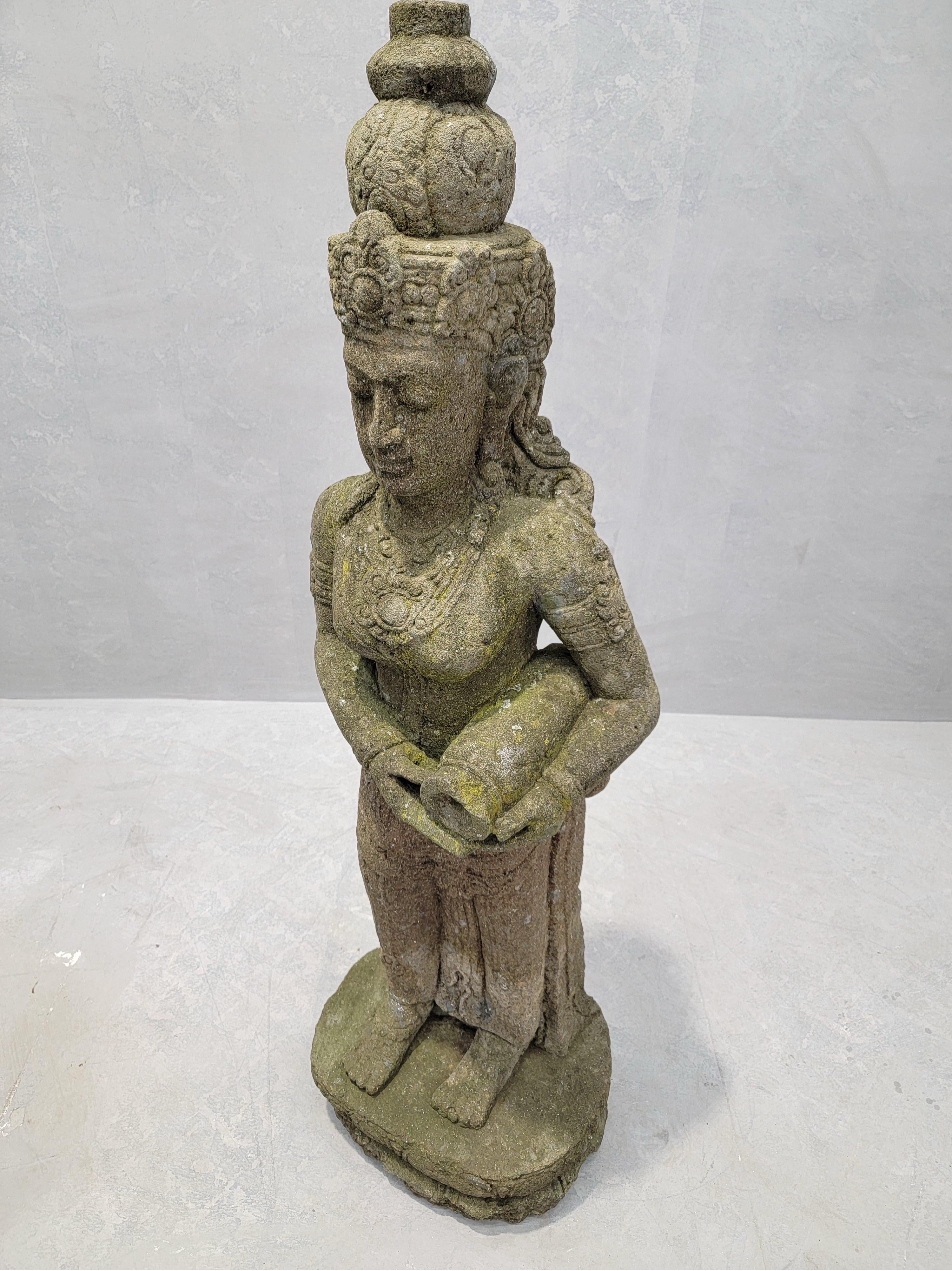 Antique Balinese Buddha & Dewi Tara Goddess Indoor/Outdoor Garden Statues- Pair In Good Condition For Sale In Chicago, IL