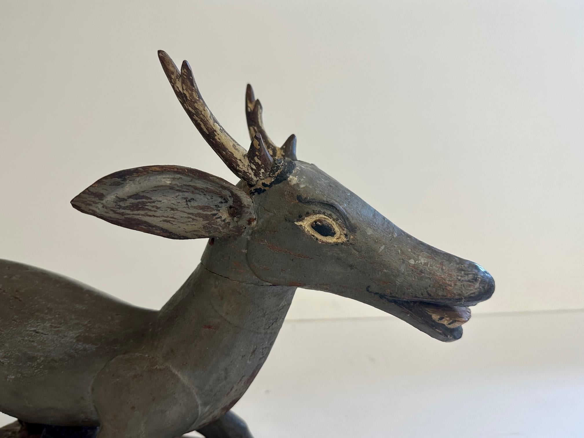 Antique Balinese Carved Wood Deer Sculpture In Good Condition For Sale In Hopewell, NJ