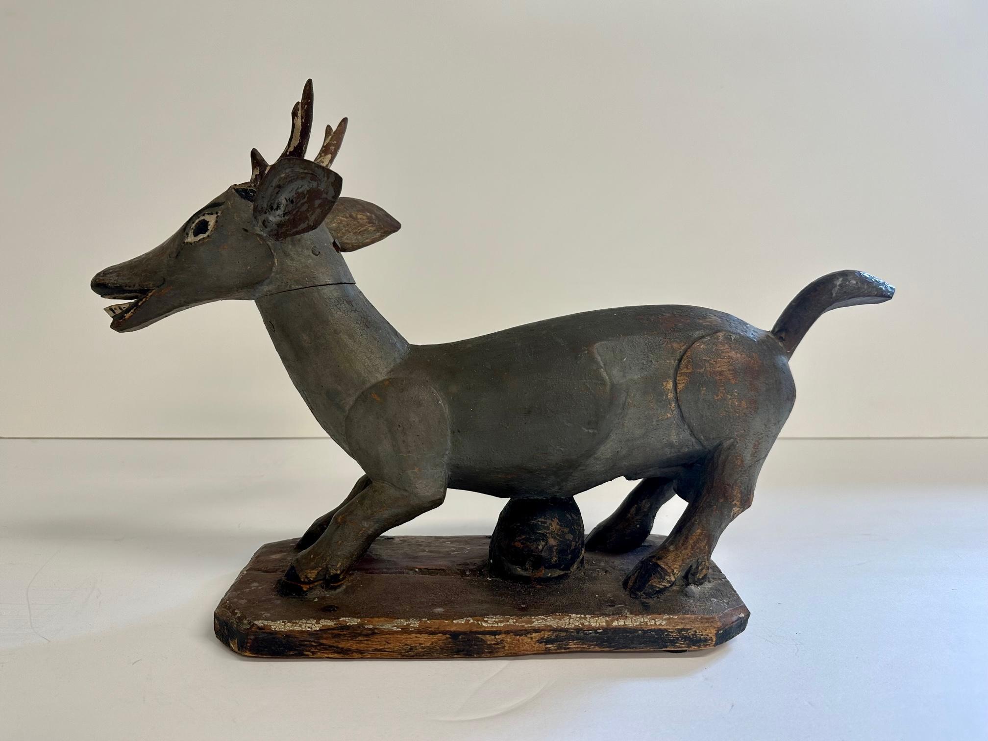 Early 20th Century Antique Balinese Carved Wood Deer Sculpture For Sale