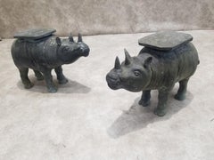 Antique Balinese Detailed Hammered Bronze Rhino Cocktail Tables - Pair