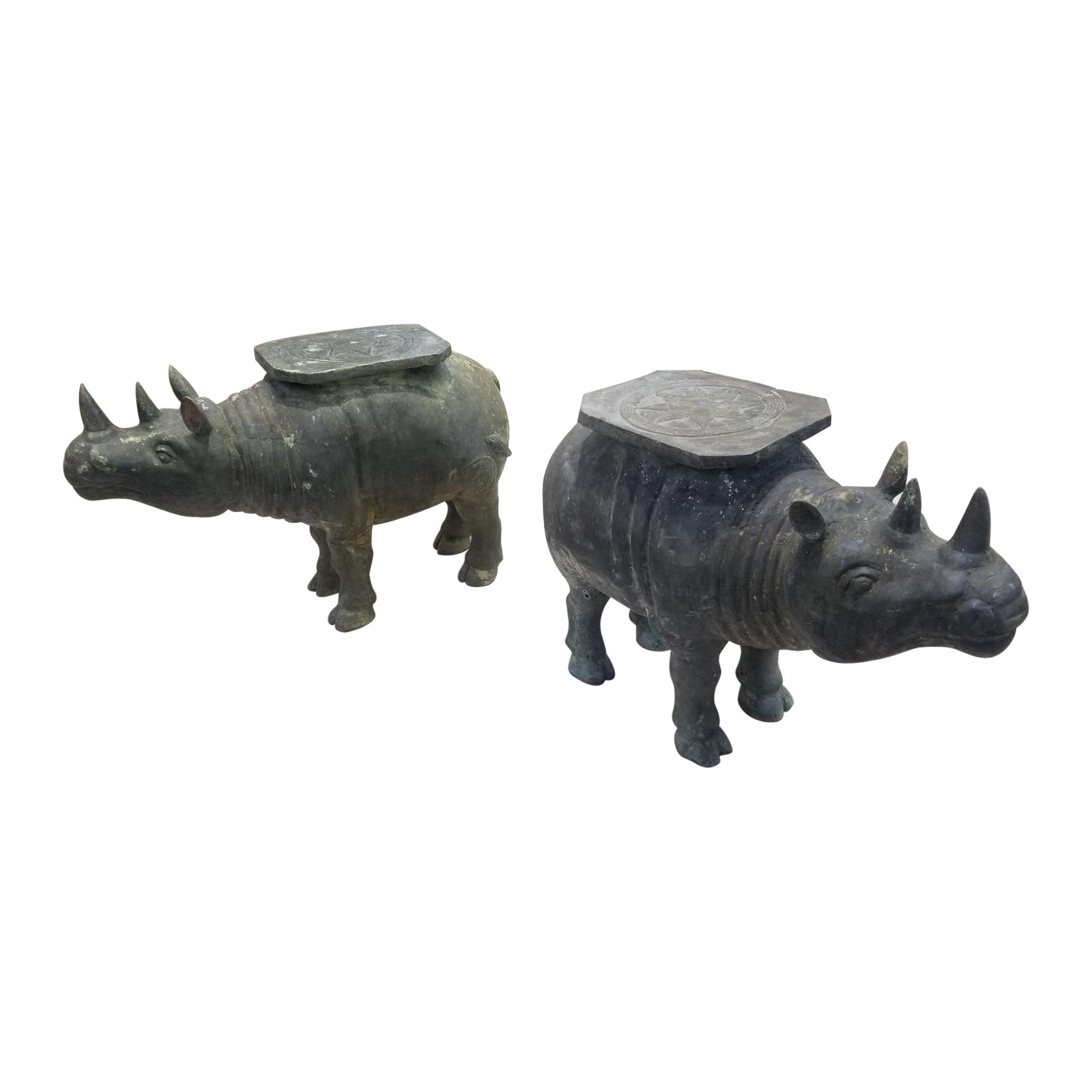 Antique Balinese Detailed Hammered Bronze Rhino Cocktail Tables - Pair