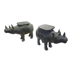 Antique Balinese Detailed Hammered Bronze Rhino Cocktail Tables - Pair