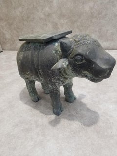 Antique Balinese Finely Detailed Patina Hammered Bronze Bull Side Table