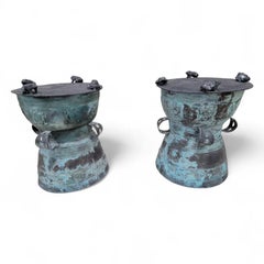 Antique Balinese Hammered Bronze Frog/Rain Drum Side Tables With Patina - Pair