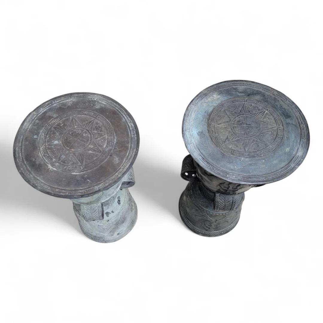 Martelé Antique Balinese Hammered Bronze Rain Drum Garden Stool/Plant Stand - Set Of 2 en vente