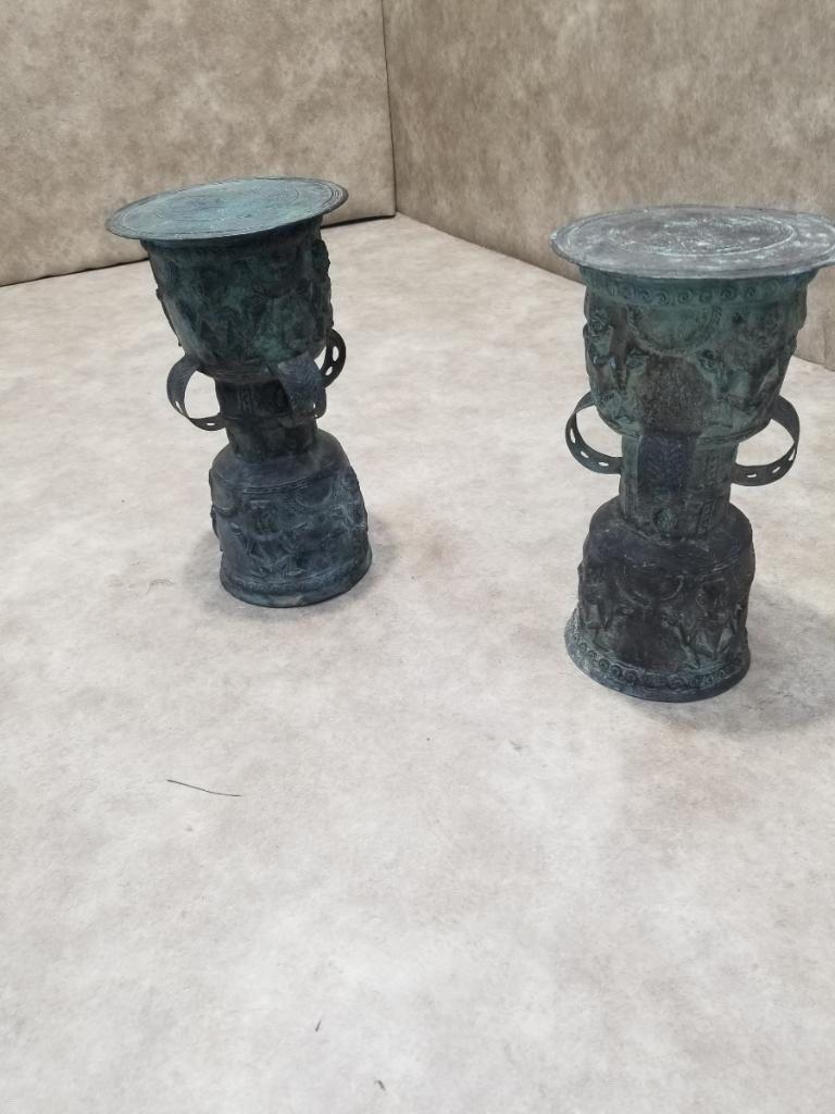 Taburete/plantero de jardín de tambor de lluvia de bronce martillado balinés antiguo - Juego de 2 6