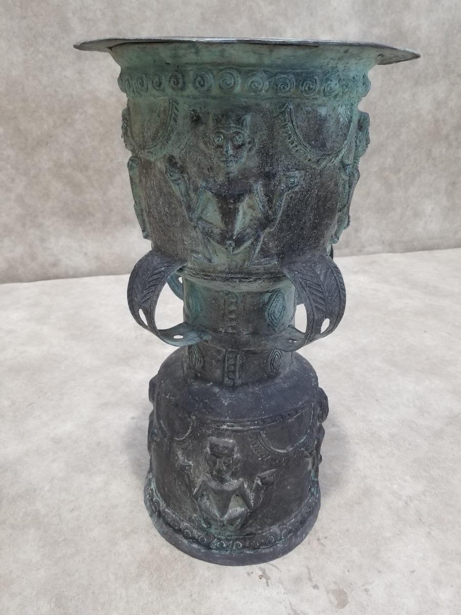 Taburete/plantero de jardín de tambor de lluvia de bronce martillado balinés antiguo - Juego de 2 Bronce