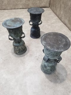 Antique Balinese Hammered Bronze Rain Drum Garden Stool/Plant Stand - Set of 3