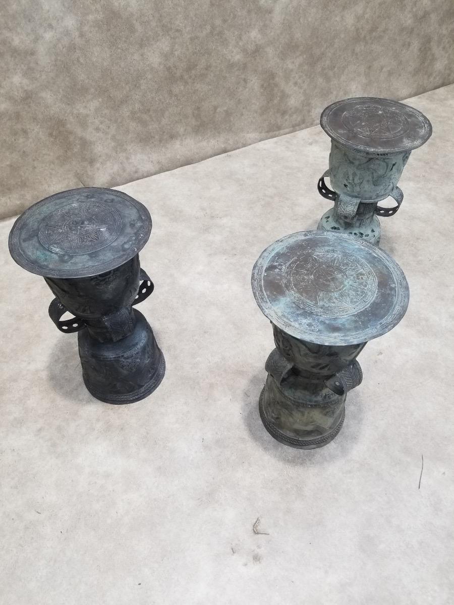 Rustic Antique Balinese Hammered Bronze Rain Drum Garden Stool/Plant Stand - Set of 3