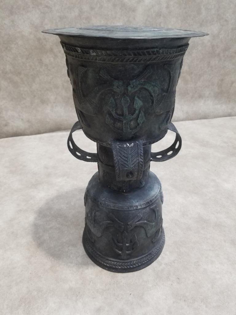 Patinated Antique Balinese Hammered Bronze Rain Drum Garden Stool/Plant Stand - Set of 3