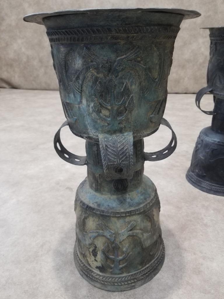 Antique Balinese Hammered Bronze Rain Drum Garden Stool/Plant Stand - Set of 3 1