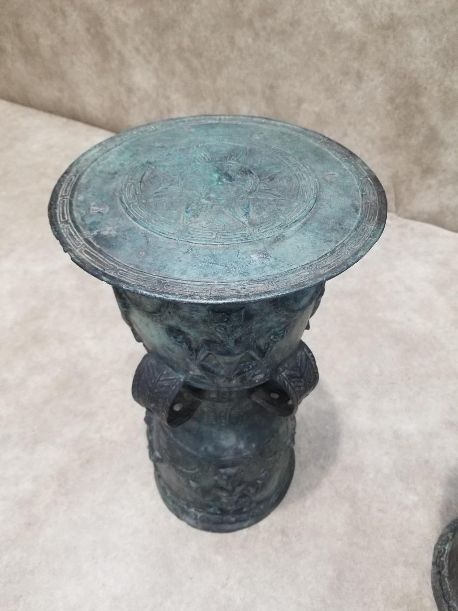 Antique Balinese Hammered Bronze Rain Drum Garden Stool/Plant Stand - Set of 3 2