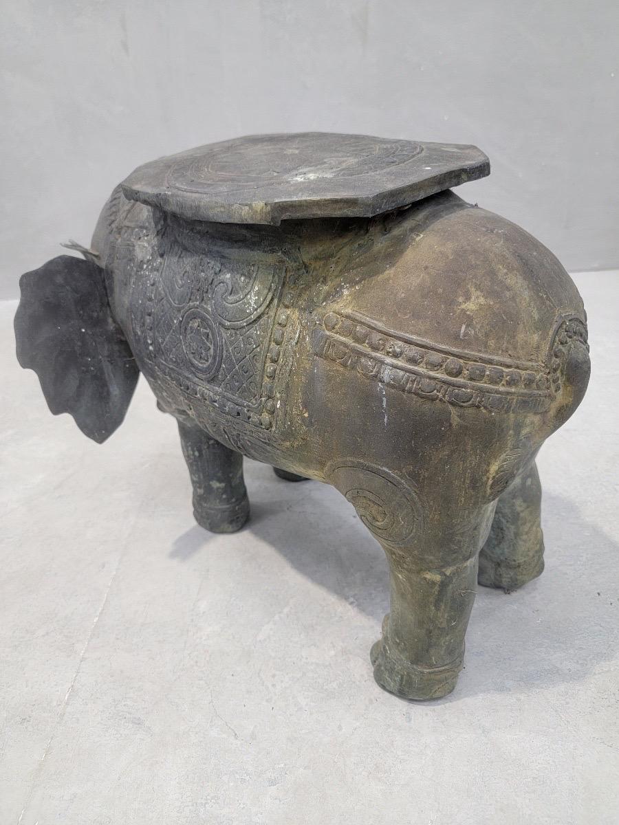 Antique Balinese Hammered Bronze Saddled Elephant Plant-Stand/Cocktail Table - S For Sale 1