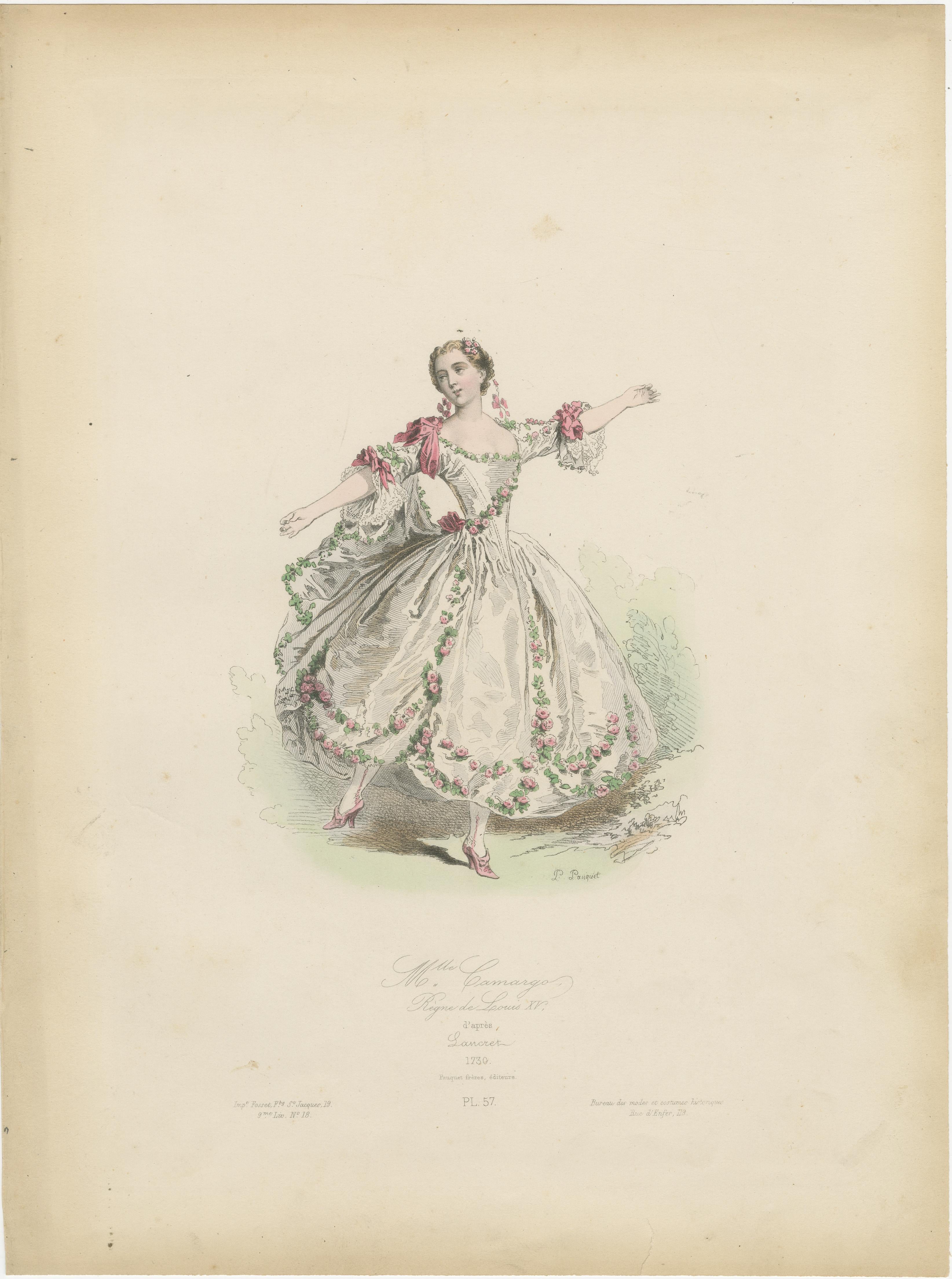 Antike Ballettdrucke mit zarten Rokoko-Kostümen, um 1860

Beschreibung: Diese fesselnde Zusammenstellung antiker Ballettdrucke aus dem Jahr 1860 zeigt zwei exquisite handkolorierte Stiche, die die eleganten Ballerinen Mlle Sallé und Mlle Camargo